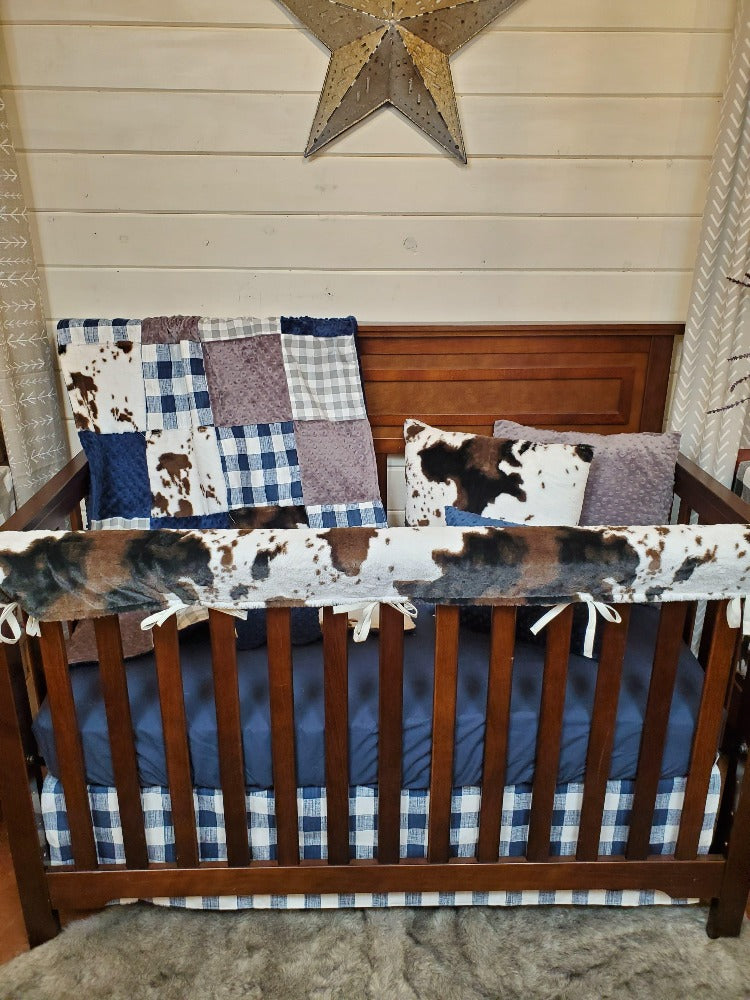 Navy  Check and Cow Minky Farm Baby Bedding