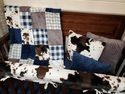 Navy  Check and Cow Minky Farm Baby Bedding