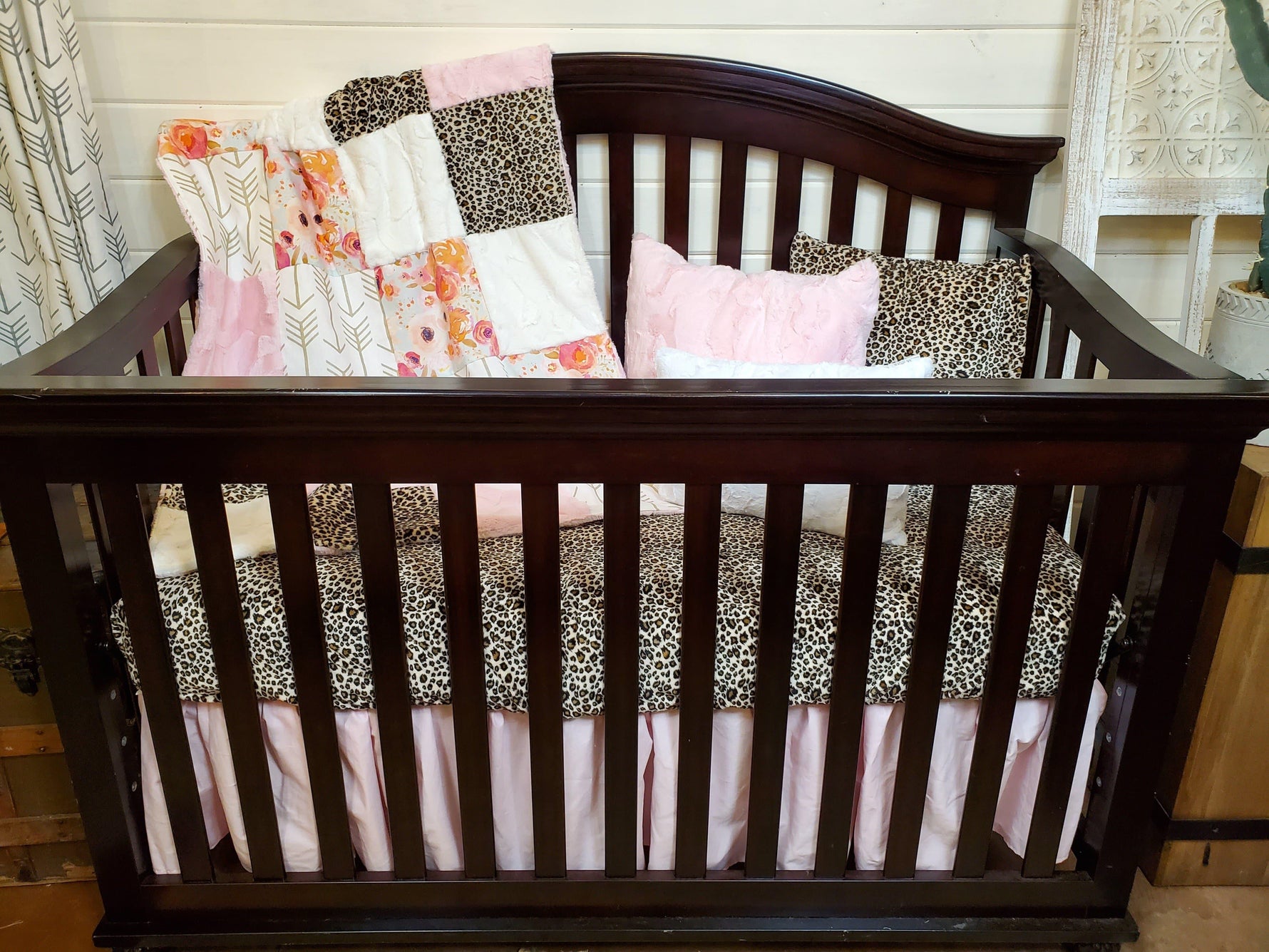 Custom Girl Crib Bedding - Cheetah, Blush, Watercolor Rose Collection - DBC Baby Bedding Co 