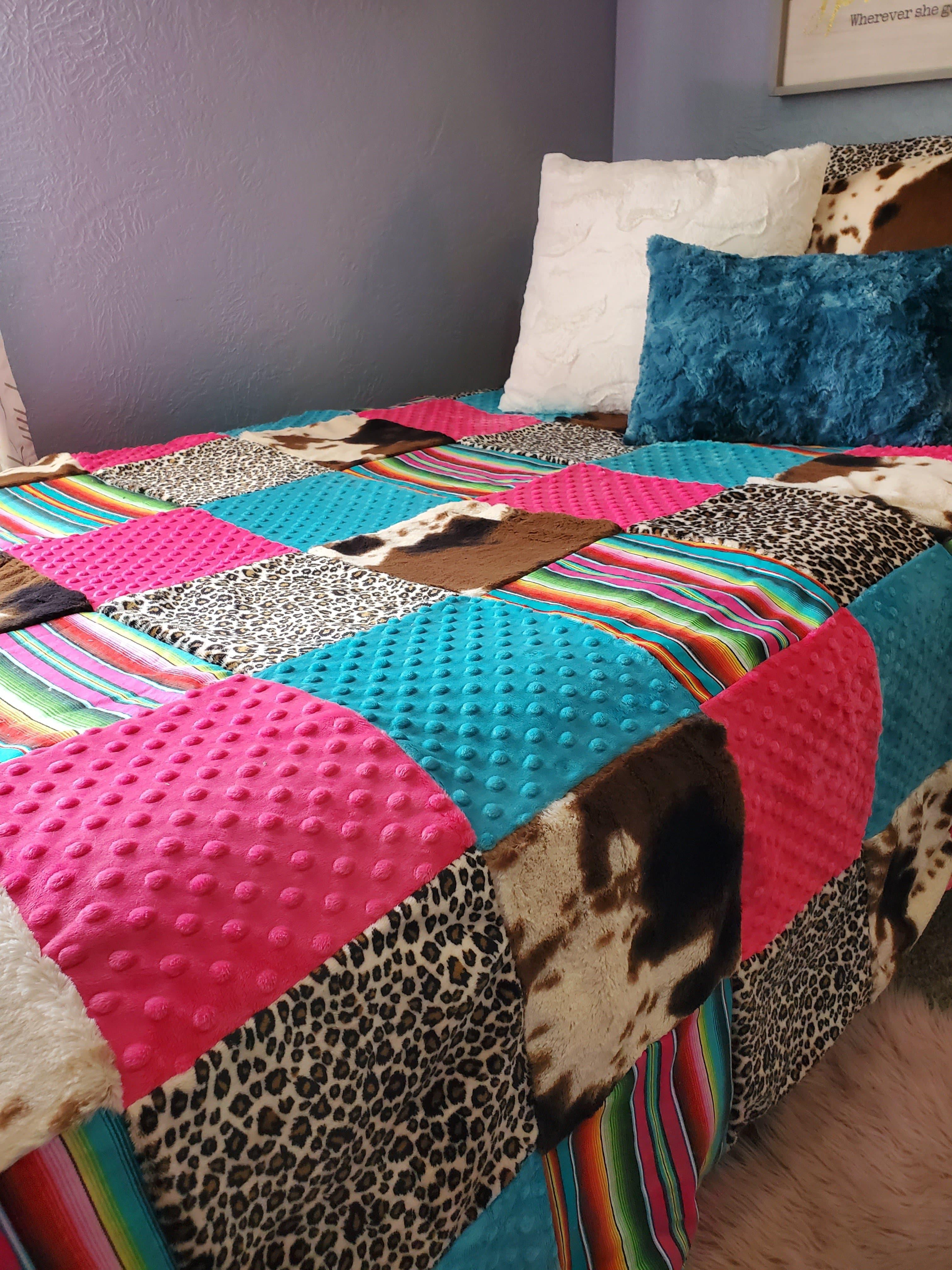 Twin Full or Queen Patchwork Blanket Serape Cheetah and Cow Western Blanket 69x83 Twin