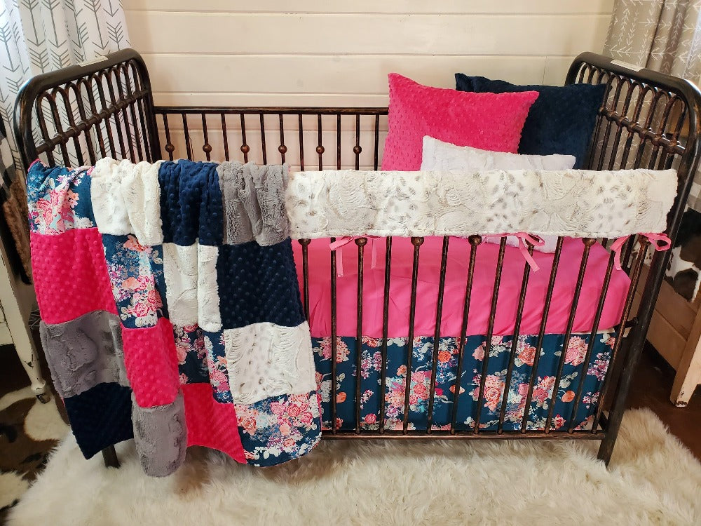 Ready Ship Girl Crib Bedding - Lynx Minky &amp; Floral Baby Bedding Collection - DBC Baby Bedding Co 