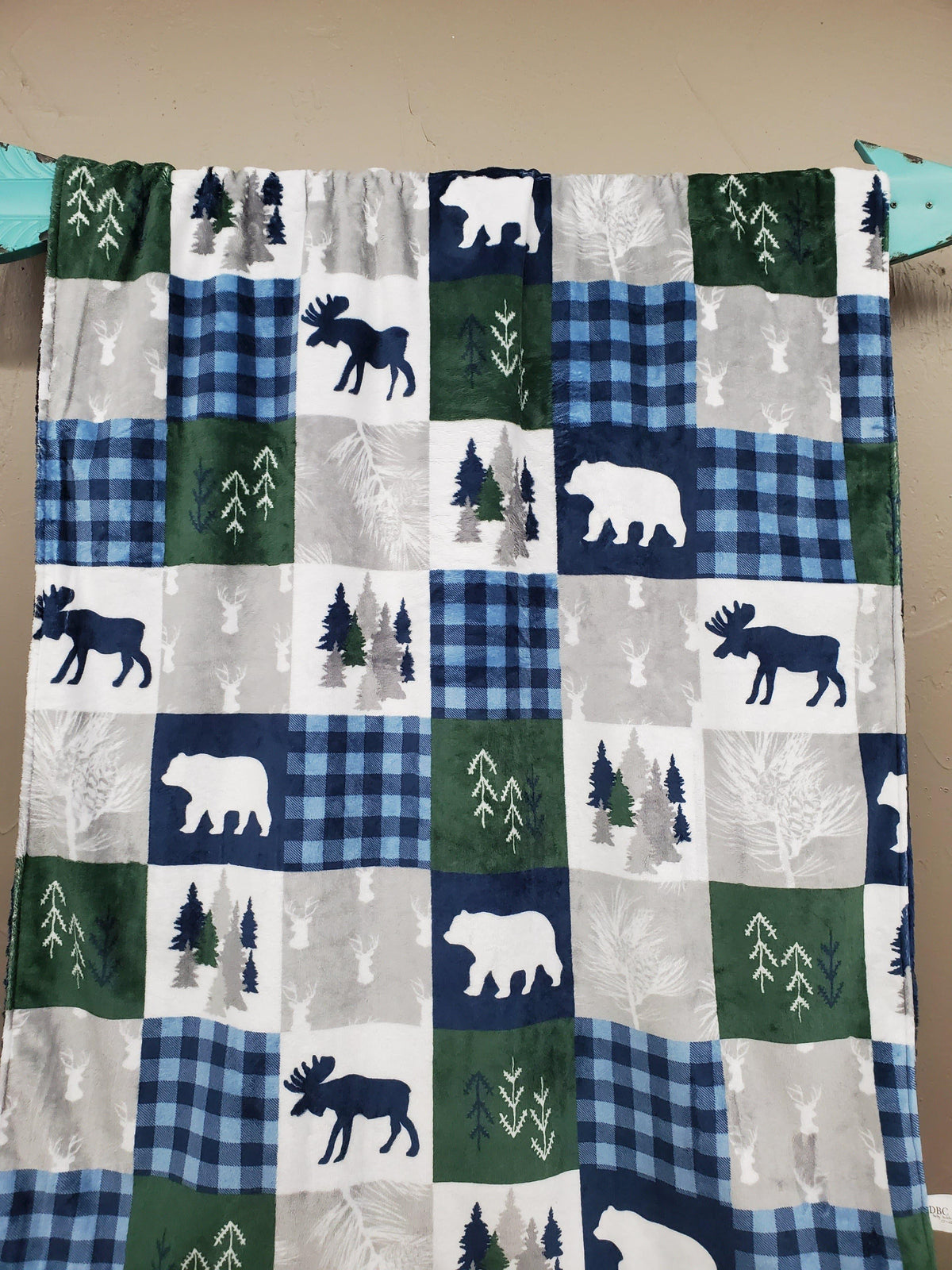 Twin, Full, or Queen Blanket - Patchwork Print Woodland Minky in Navy and Green - DBC Baby Bedding Co 