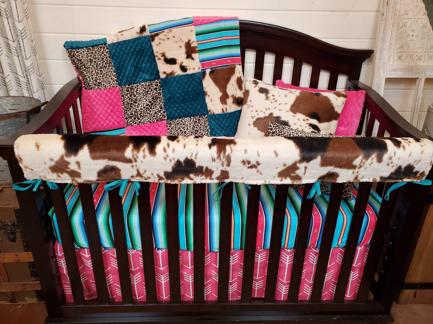 Girl Crib Bedding- Fiesta Serape, Cheetah, and Cow Minky Ranch Collection - DBC Baby Bedding Co 