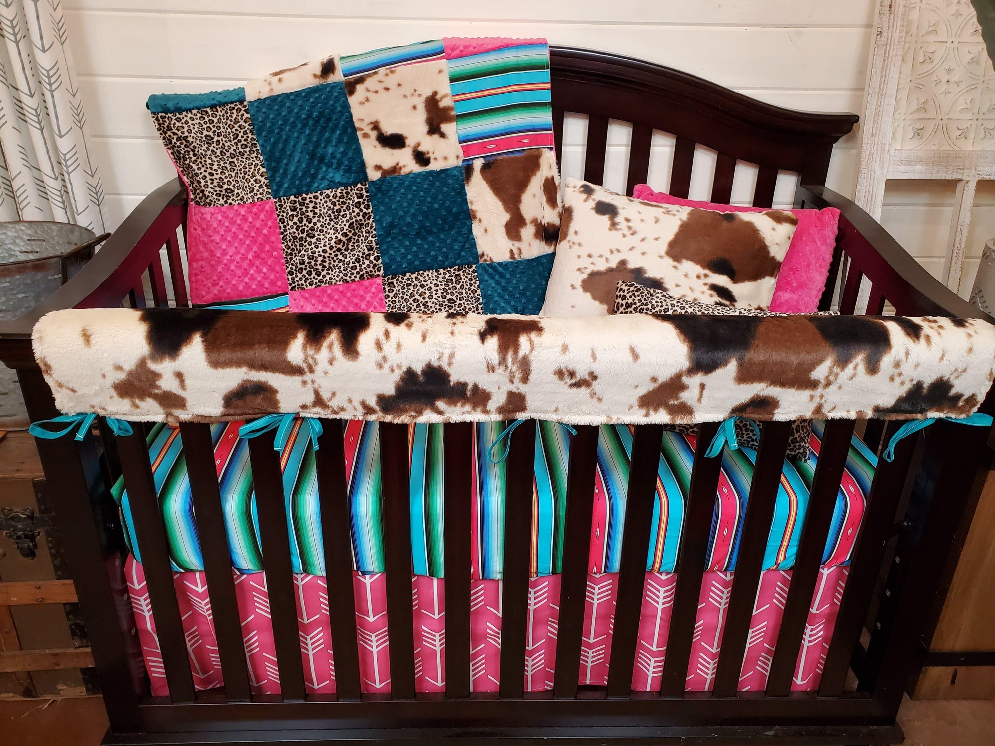 Girl Crib Bedding- Fiesta Serape, Cheetah, and Cow Minky Ranch Collection - DBC Baby Bedding Co