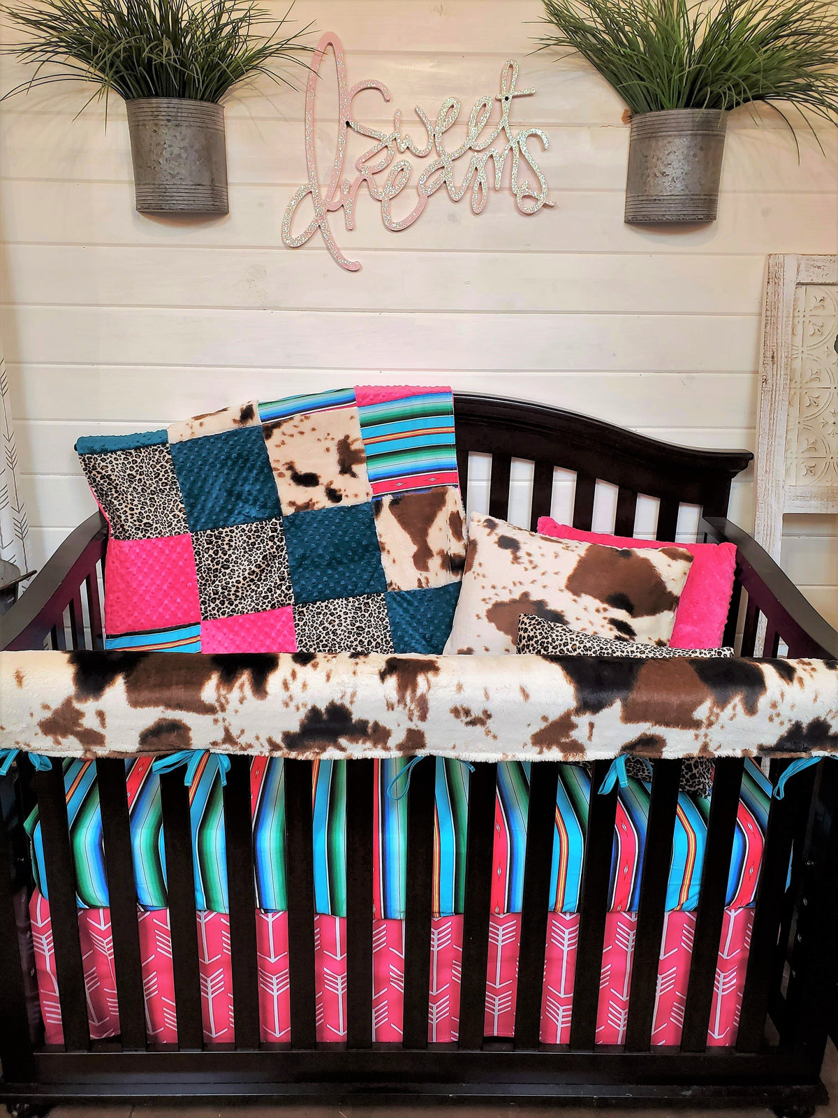 Girl Crib Bedding- Fiesta Serape, Cheetah, and Cow Minky Ranch Collection - DBC Baby Bedding Co
