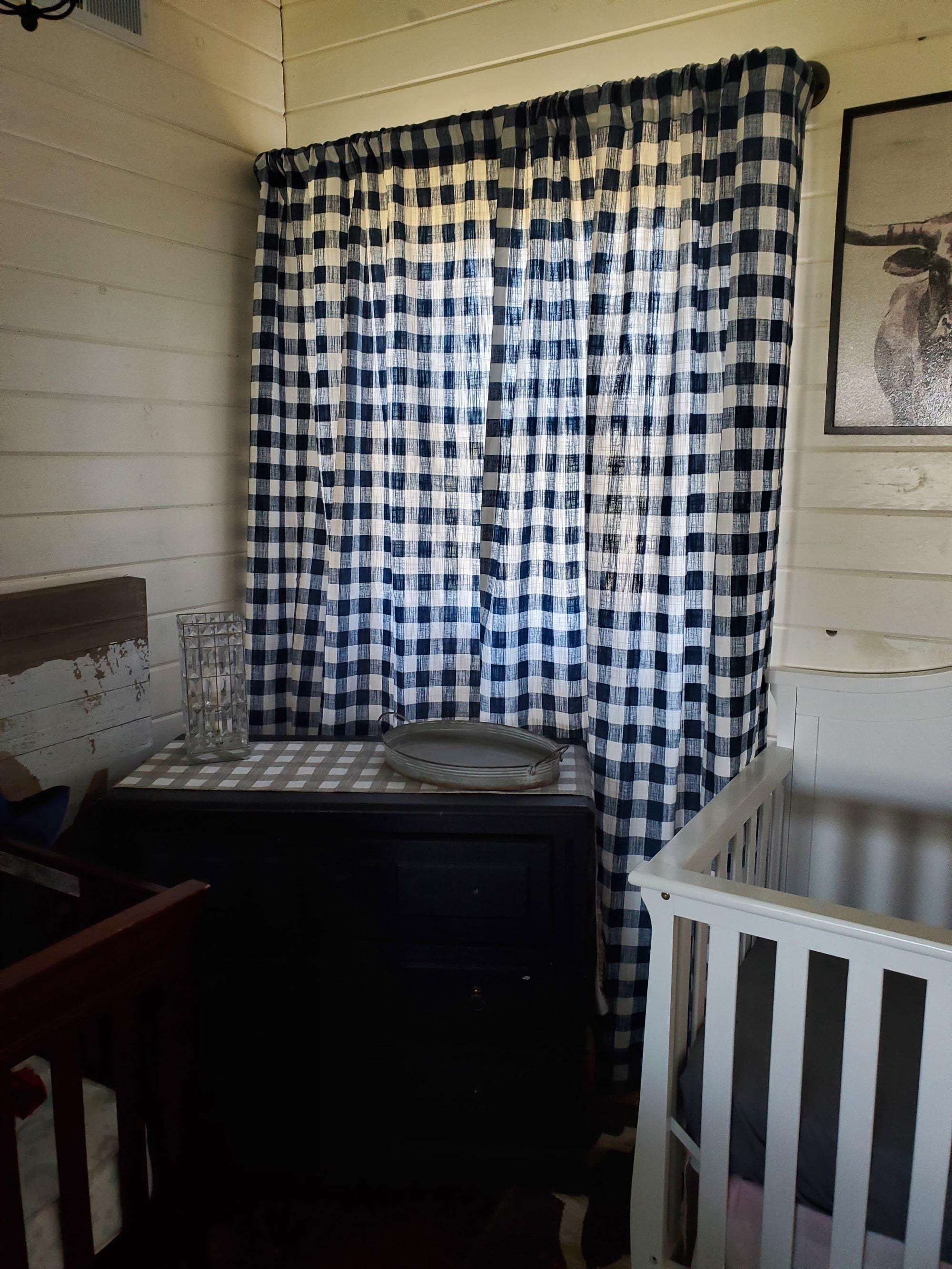 Curtain Panels or Valance - Denim Navy Check - DBC Baby Bedding Co 