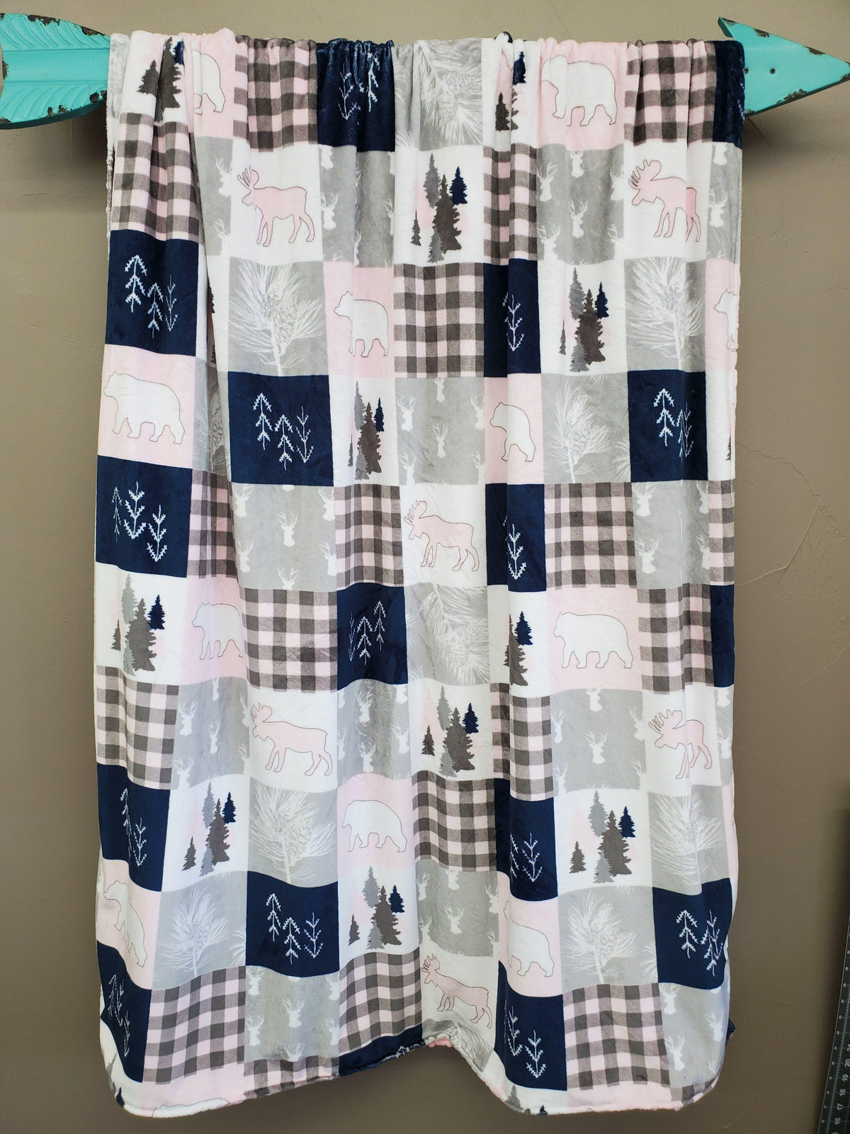Twin, Full, or Queen Blanket - Patchwork Print Woodland Minky in Blush and Navy - DBC Baby Bedding Co 