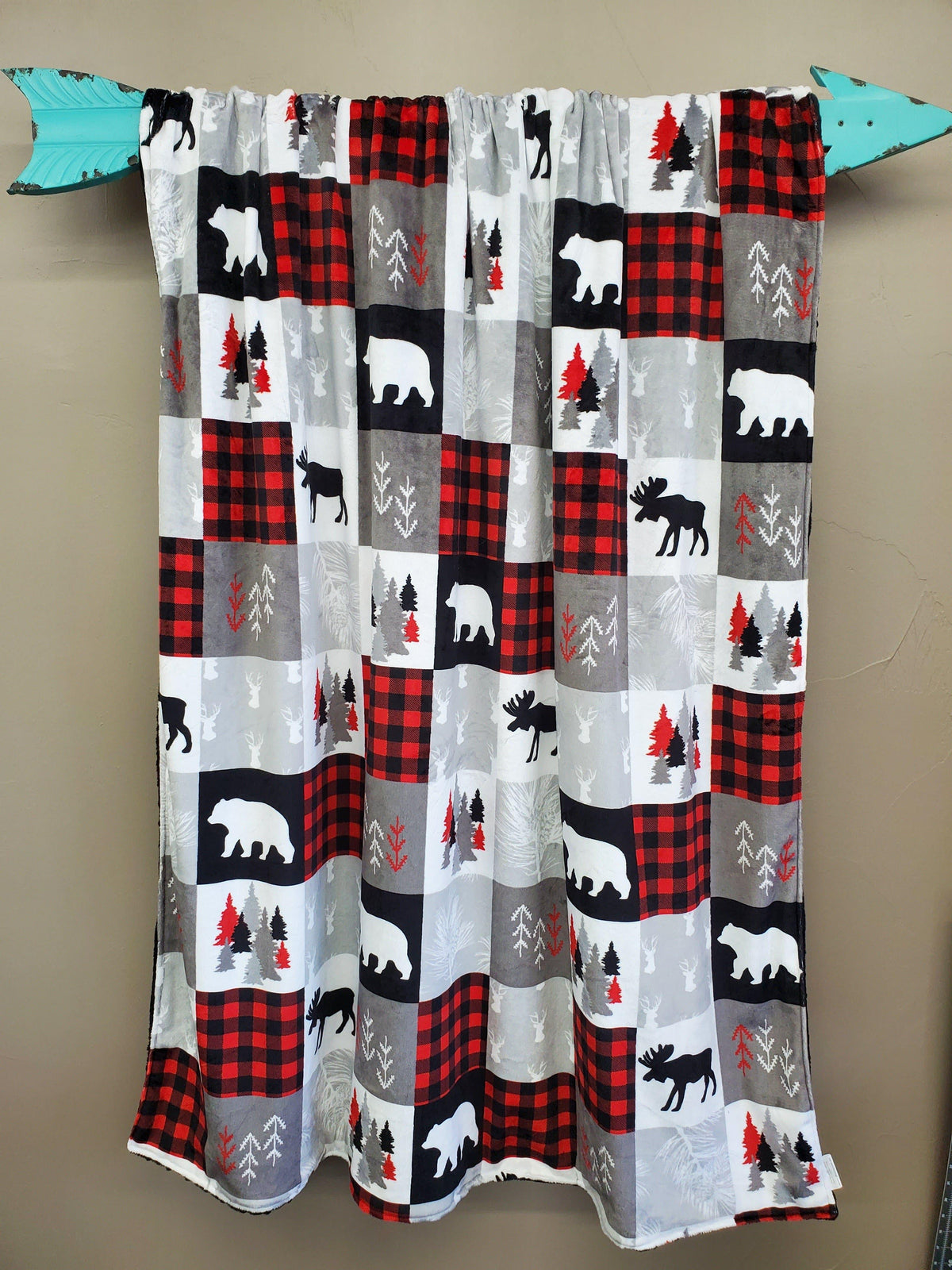 Twin, Full, or Queen Blanket - Patchwork Print Woodland Minky in Red, Black, Gray - DBC Baby Bedding Co 