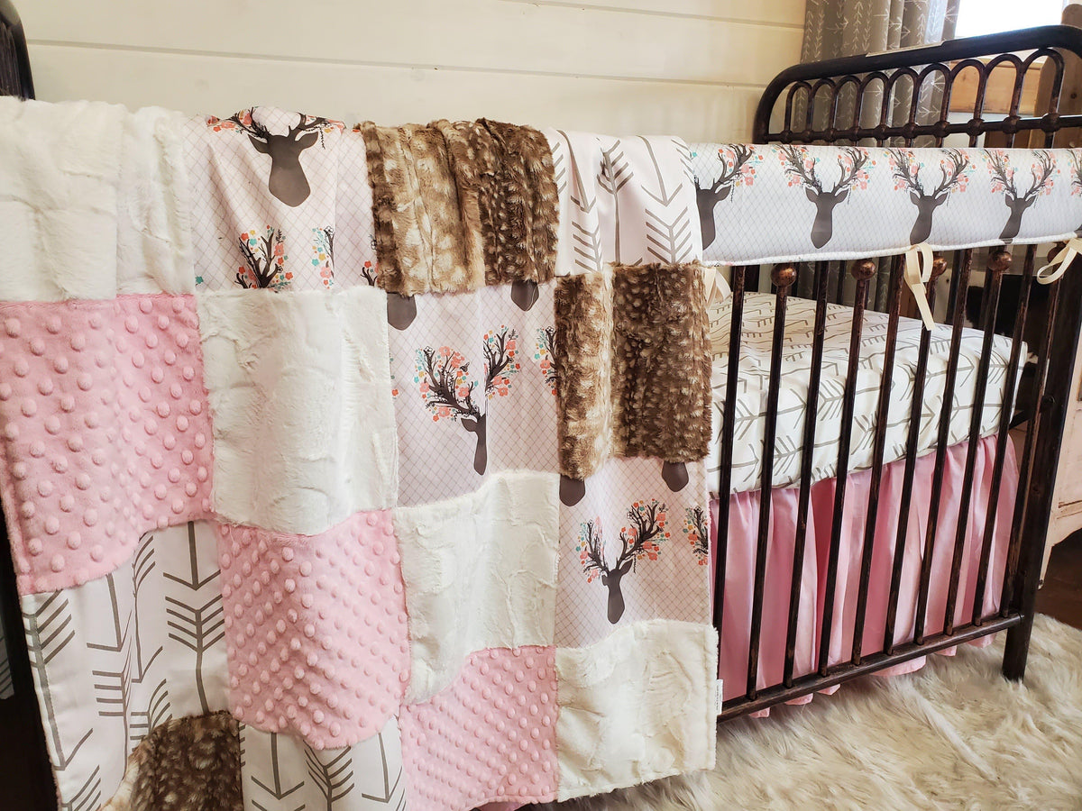 Custom Girl Crib Bedding- Tulip Fawn and Fawn Minky Woodland Nursery Collection - DBC Baby Bedding Co 