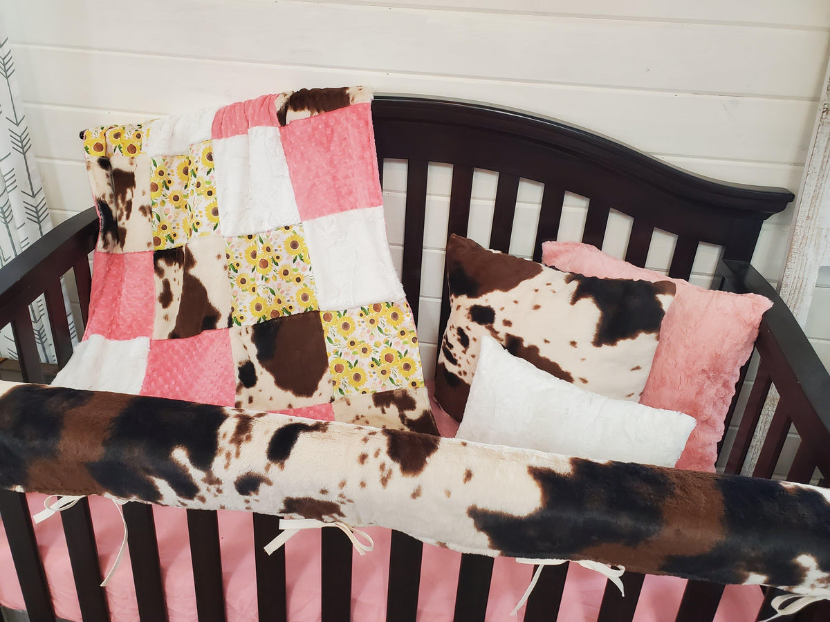 Custom Girl Crib Bedding- Small Sunflowers and Cow Minky Ranch Nursery Collection - DBC Baby Bedding Co 