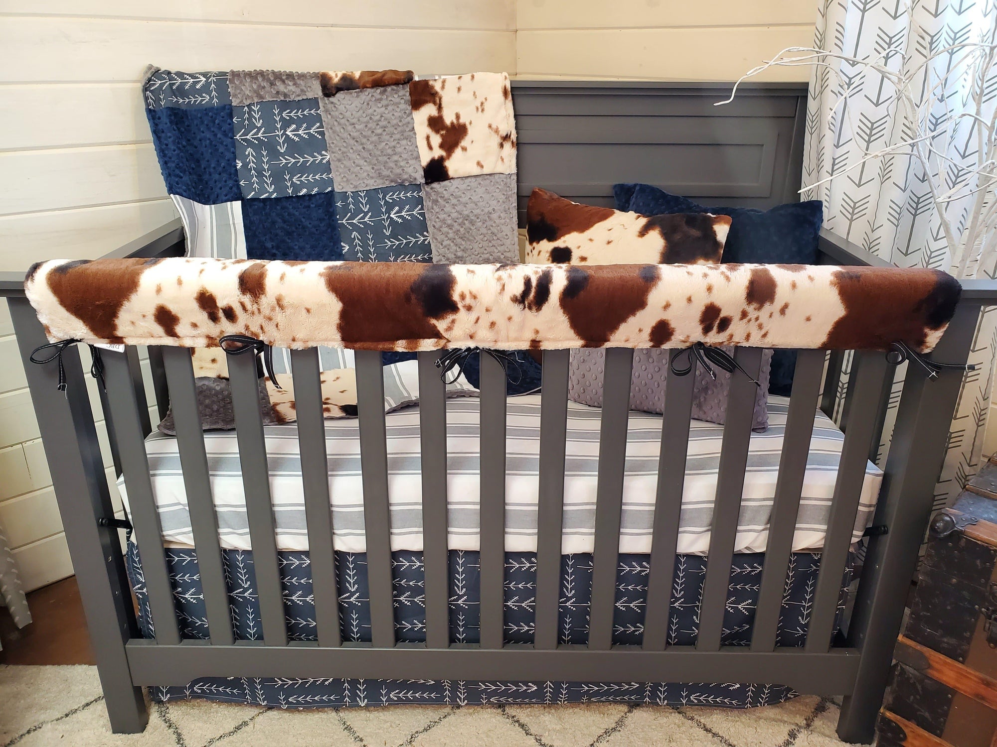 Boy Crib Bedding- Farmhouse Stripe and Cow Minky Farm Collection - DBC Baby Bedding Co 
