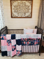 Ready Ship Girl Crib Bedding- Silver Jaguar Minky & Navy Floral Crib Bedding Collection - DBC Baby Bedding Co 