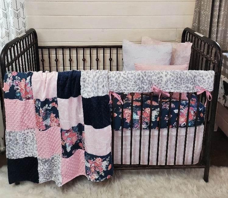 Ready Ship Girl Crib Bedding- Silver Jaguar Minky & Navy Floral Crib Bedding Collection - DBC Baby Bedding Co 