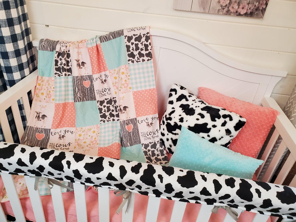 Flash Sale Girl Crib Bedding - Coral Mint Cows Come Home 4pc Bedding Set - DBC Baby Bedding Co 