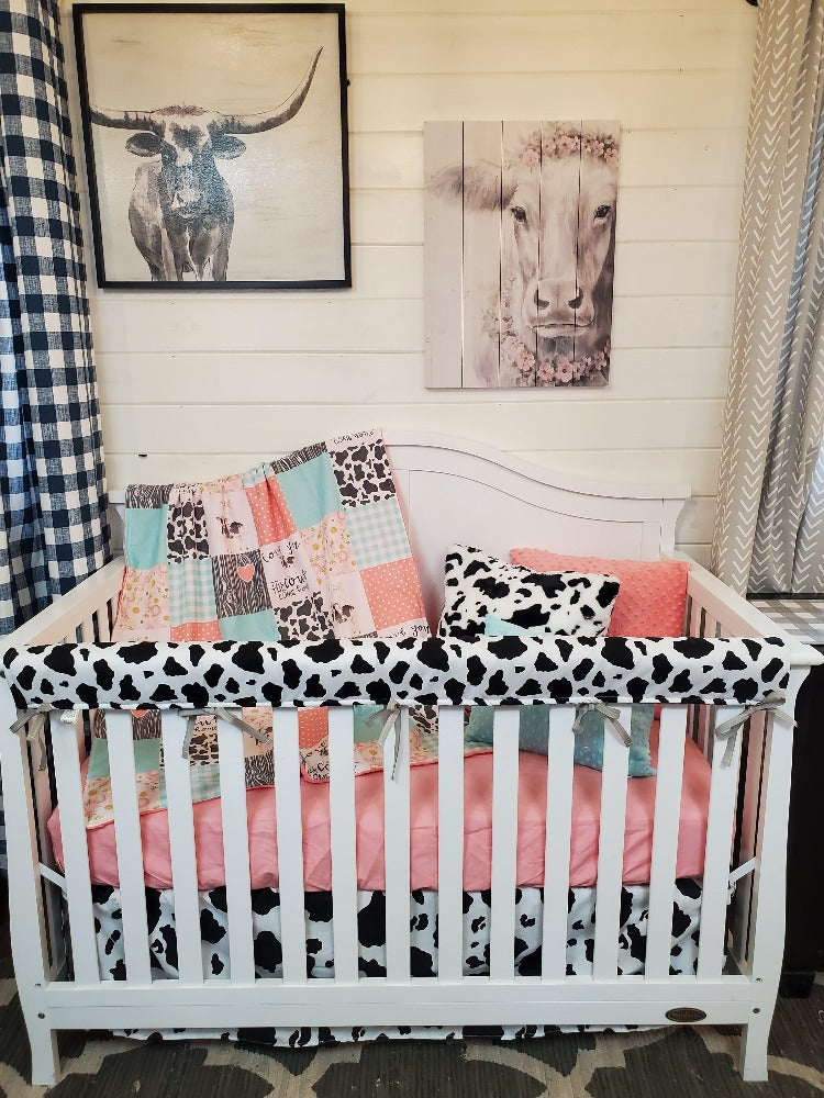 Flash Sale Girl Crib Bedding - Coral Mint Cows Come Home 4pc Bedding Set - DBC Baby Bedding Co 
