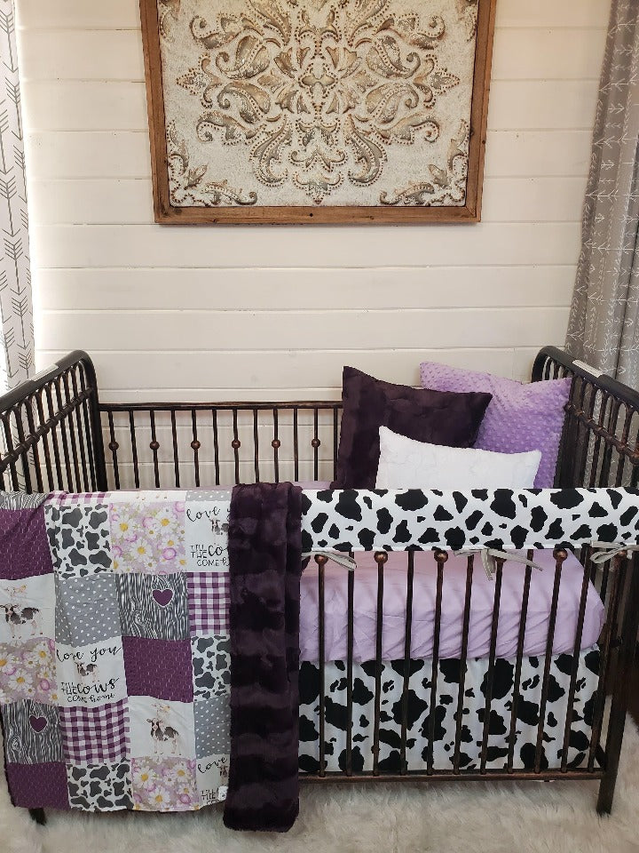 Custom Girl Crib Bedding - Plum Cows Come Home Farm Nursery Collection - DBC Baby Bedding Co 