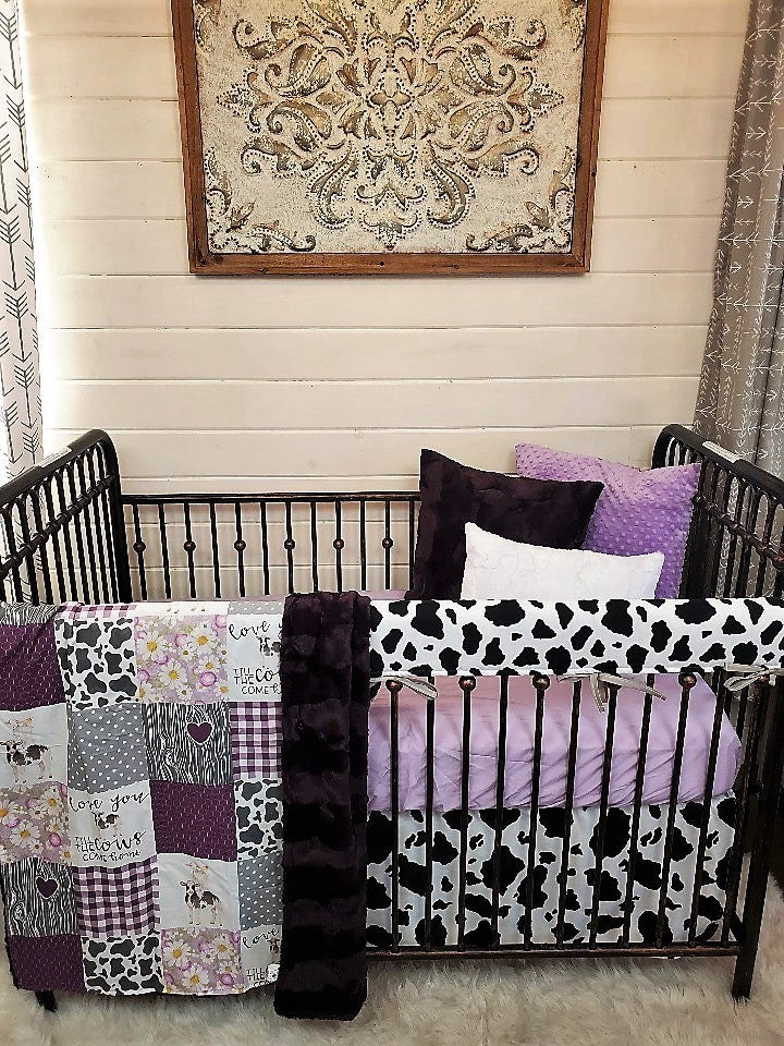 Custom Girl Crib Bedding - Plum Cows Come Home Farm Baby Bedding Collection - DBC Baby Bedding Co 