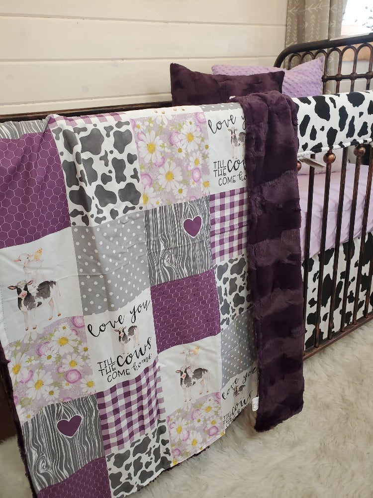 Custom Girl Crib Bedding - Plum Cows Come Home Farm Nursery Collection - DBC Baby Bedding Co 