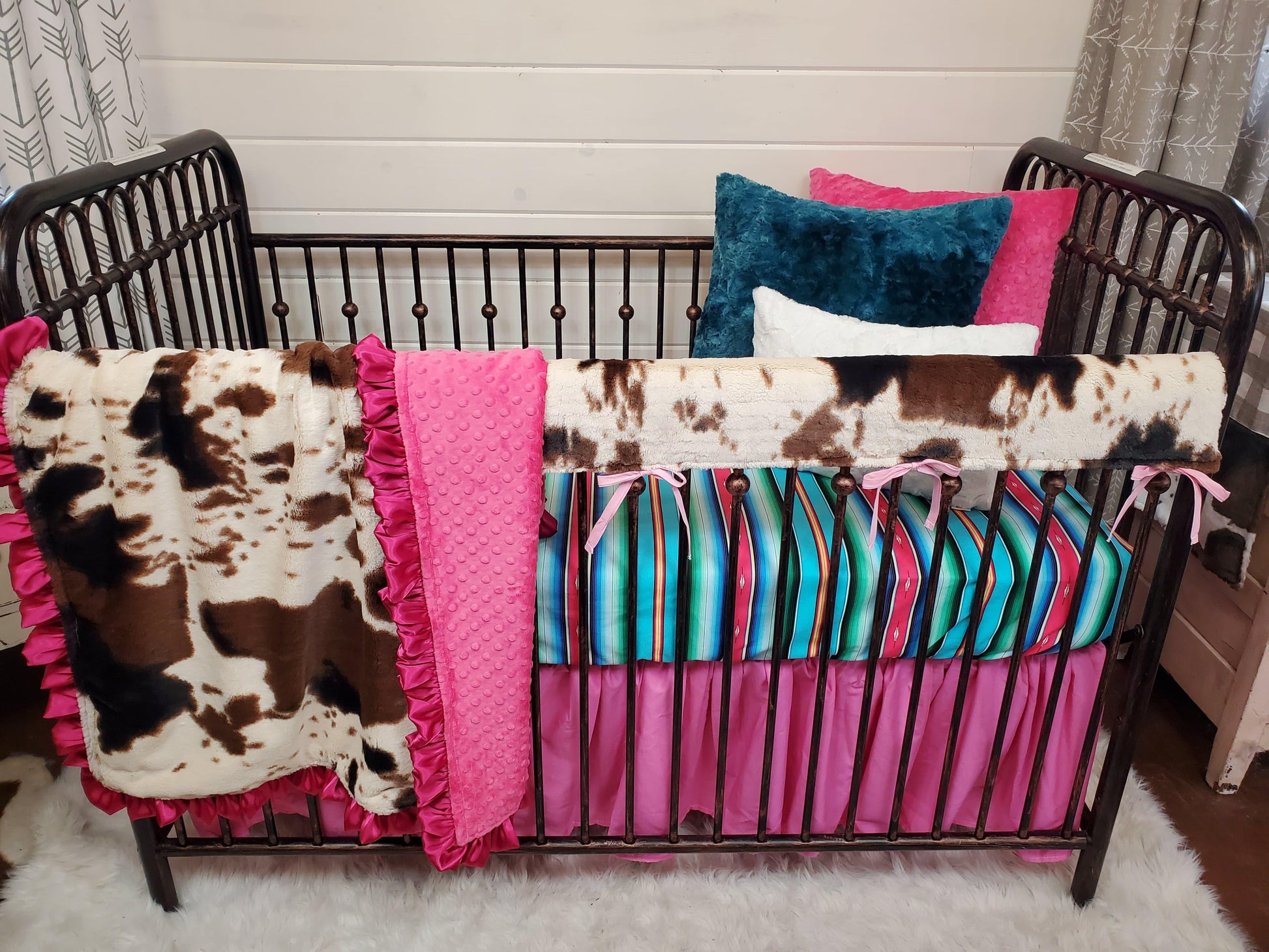 Girl Crib Bedding- Cow Minky and Fiesta Serape Ranch Collection - DBC Baby Bedding Co 
