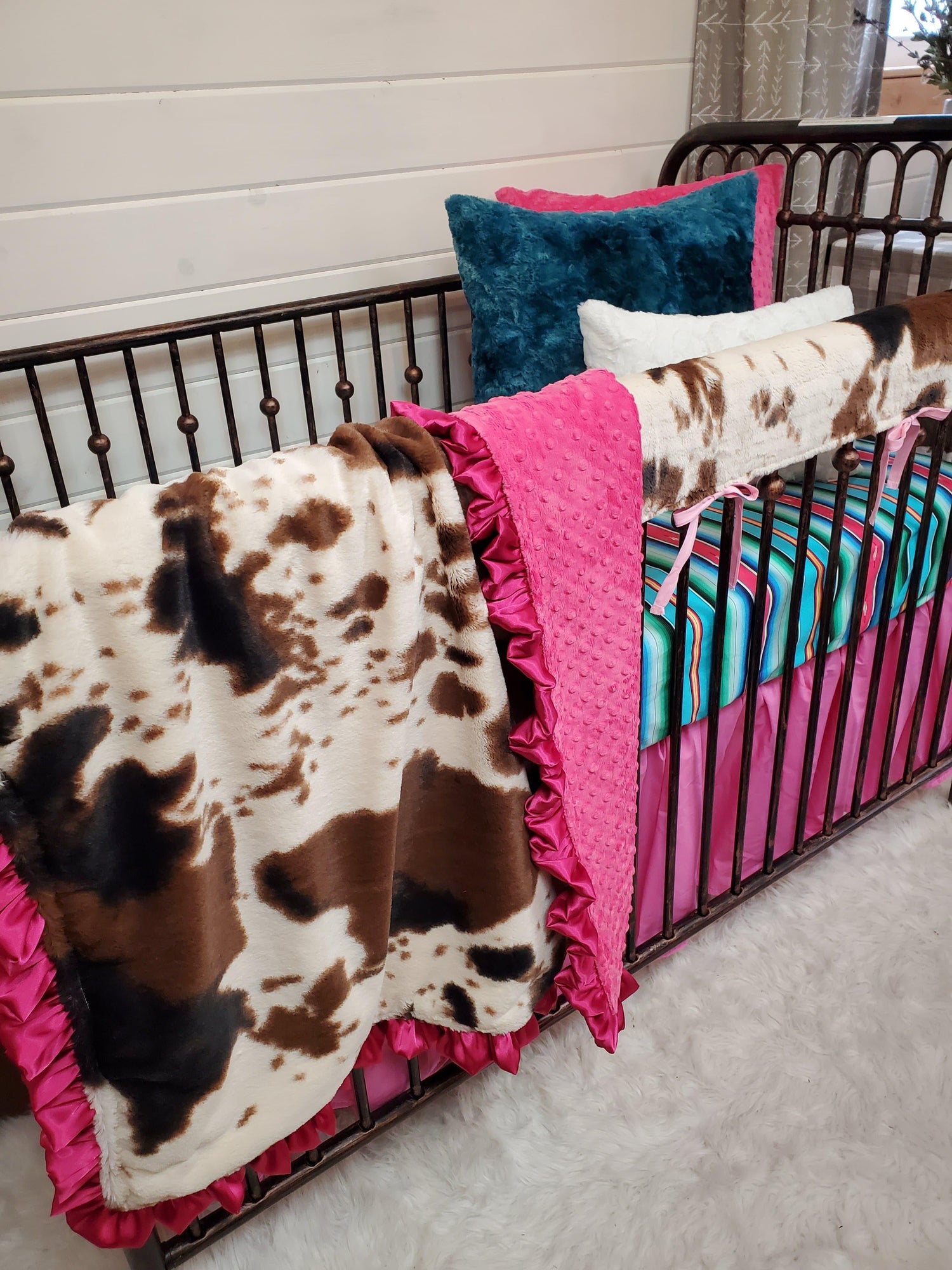 Girl Crib Bedding- Cow Minky and Fiesta Serape Ranch Collection - DBC Baby Bedding Co 