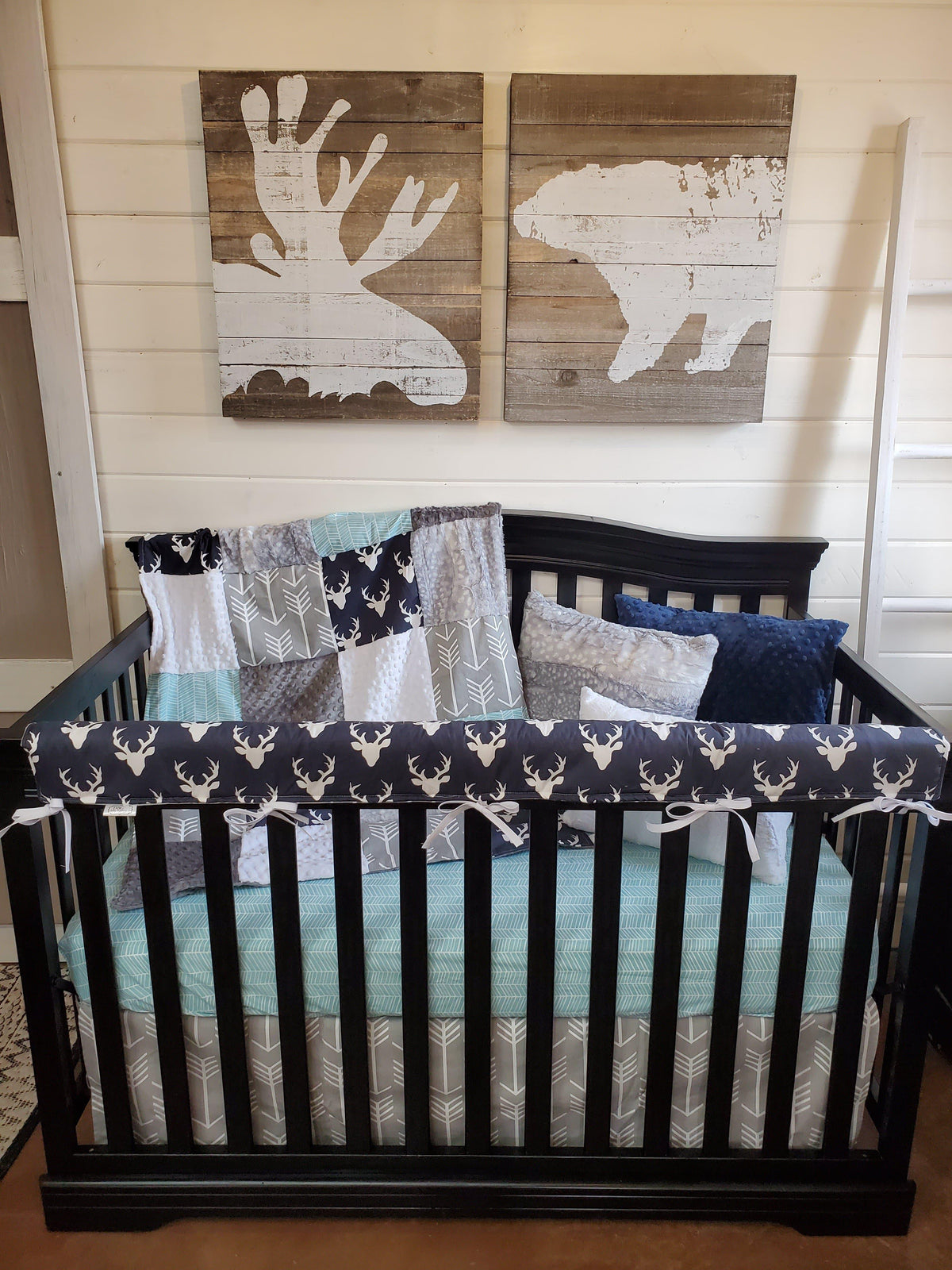 Boy Crib Bedding- Buck, Silver Fawn, Herringbone Woodland Collection - DBC Baby Bedding Co 