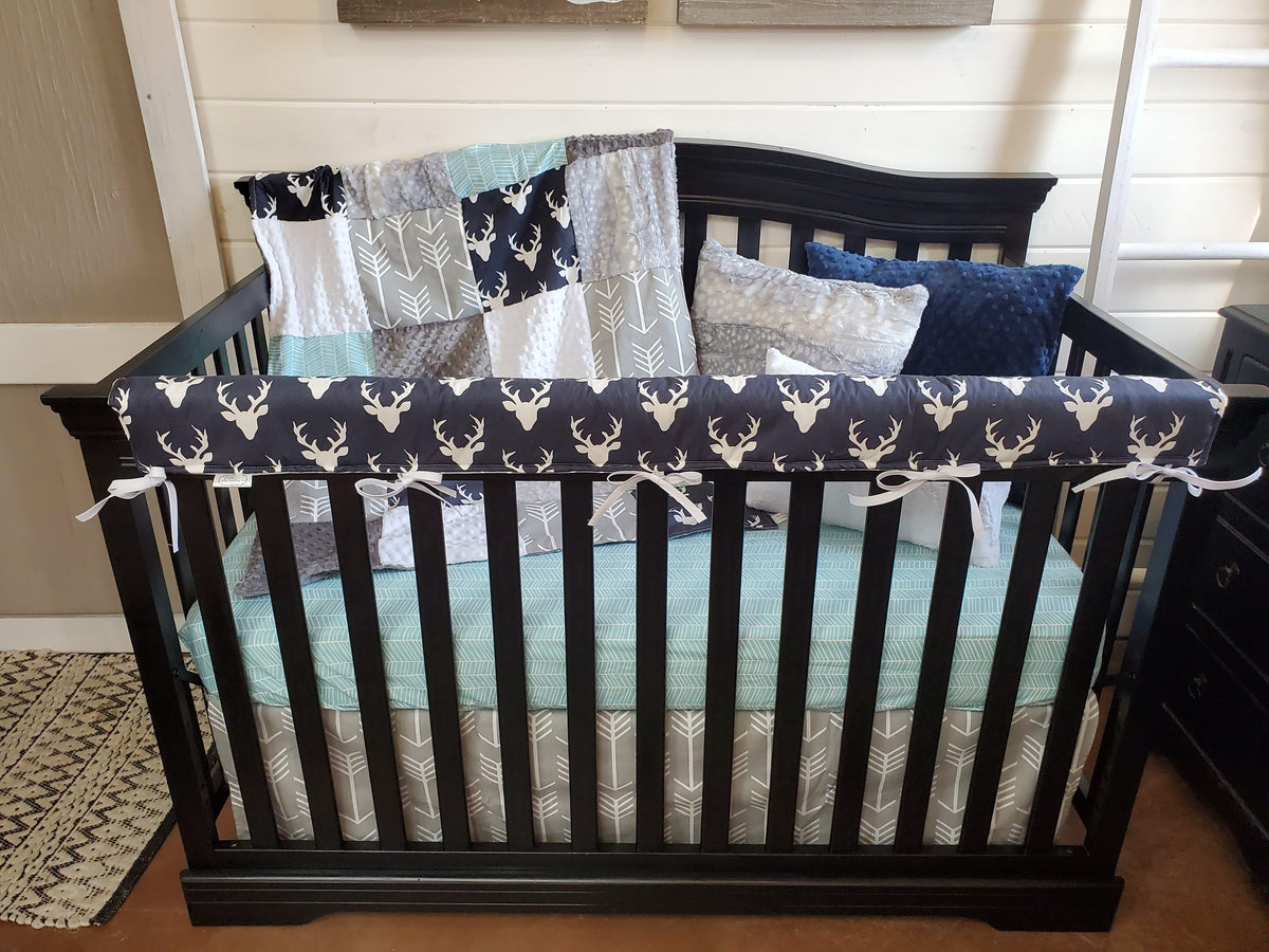 Boy Crib Bedding- Buck, Silver Fawn, Herringbone Woodland Collection - DBC Baby Bedding Co 