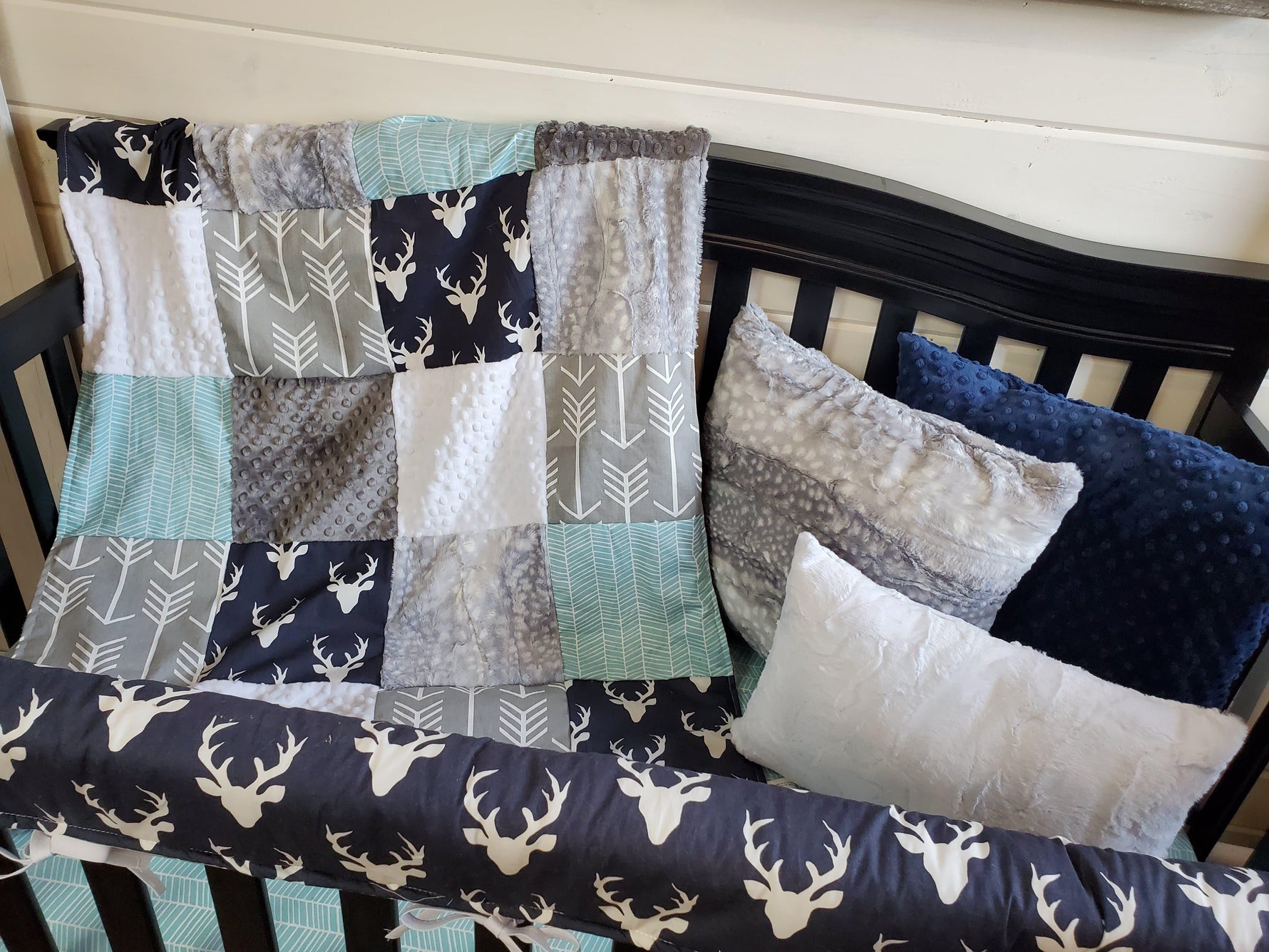 Boy Crib Bedding- Buck, Silver Fawn, Herringbone Woodland Collection - DBC Baby Bedding Co 