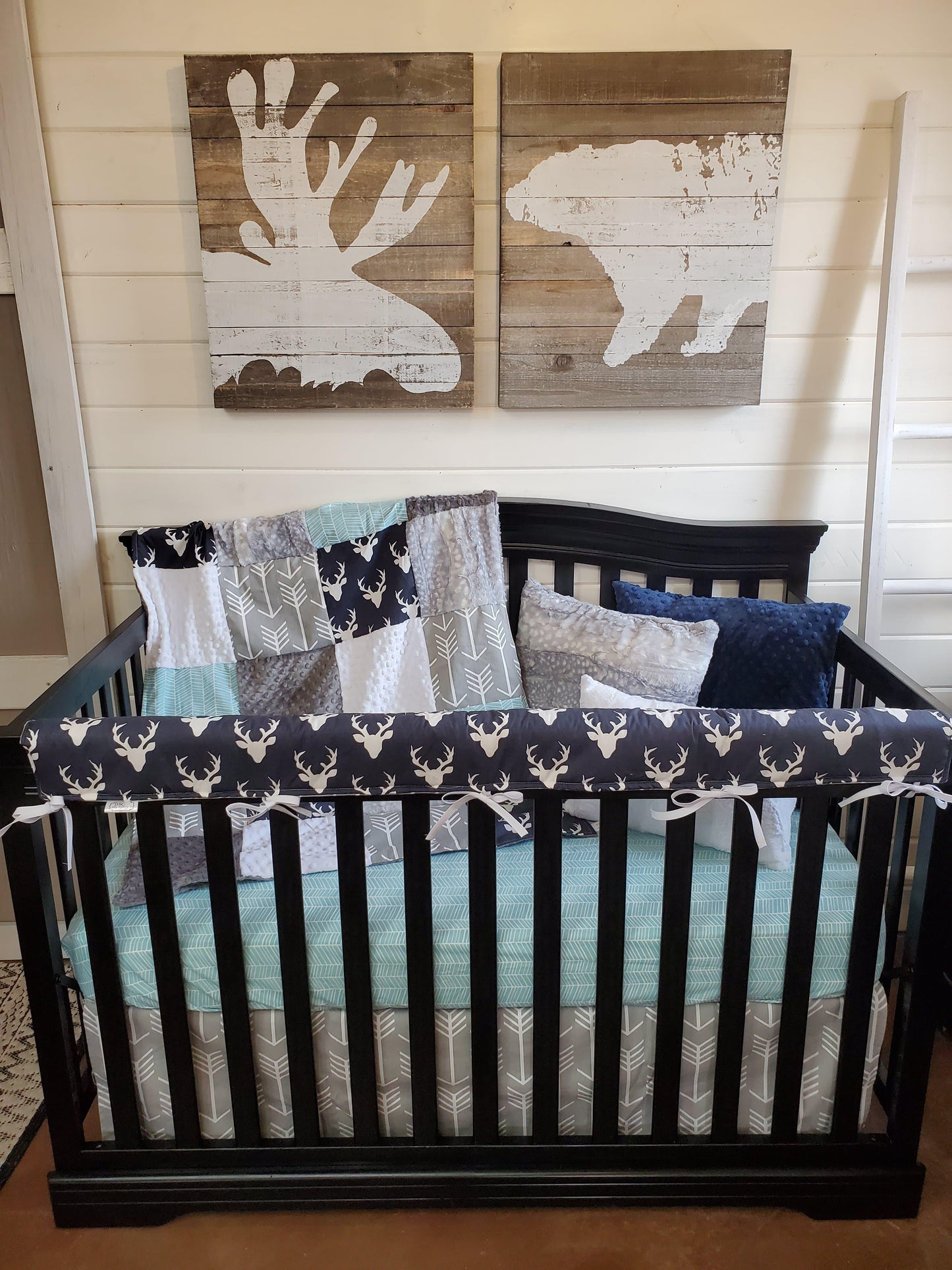 Boy Crib Bedding- Buck, Silver Fawn, Herringbone Woodland Collection - DBC Baby Bedding Co 