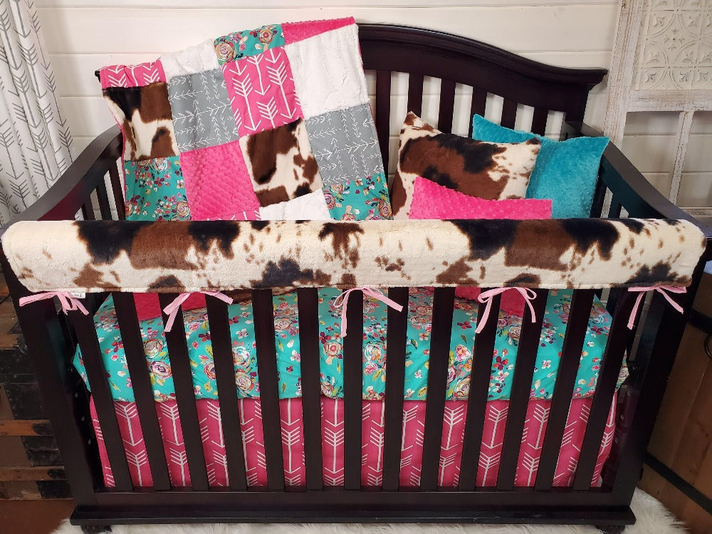 Girl Crib Bedding- Teal Floral and Cow Minky Farm Collection - DBC Baby Bedding Co 