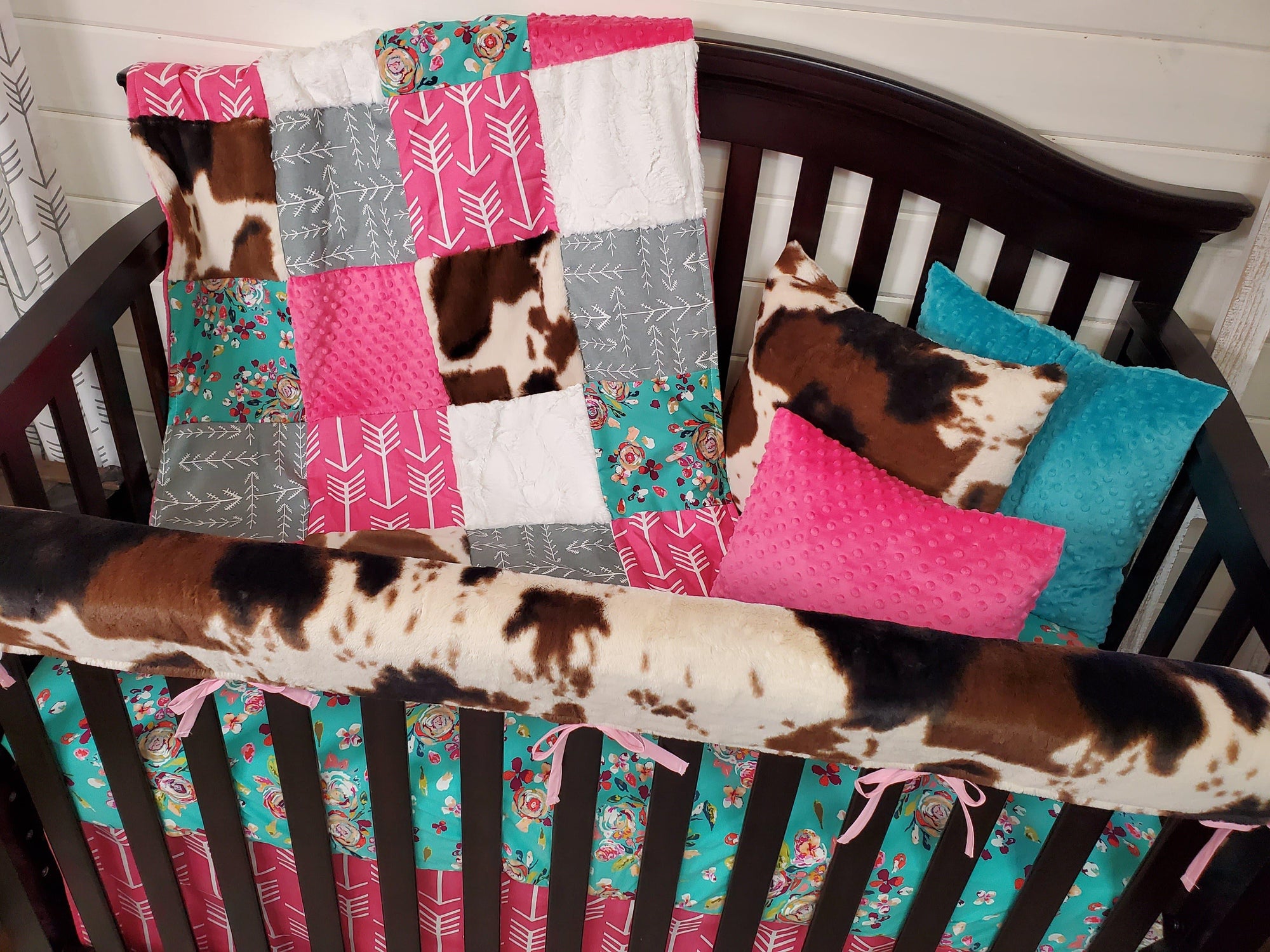 Girl Crib Bedding- Teal Floral and Cow Minky Farm Collection - DBC Baby Bedding Co 
