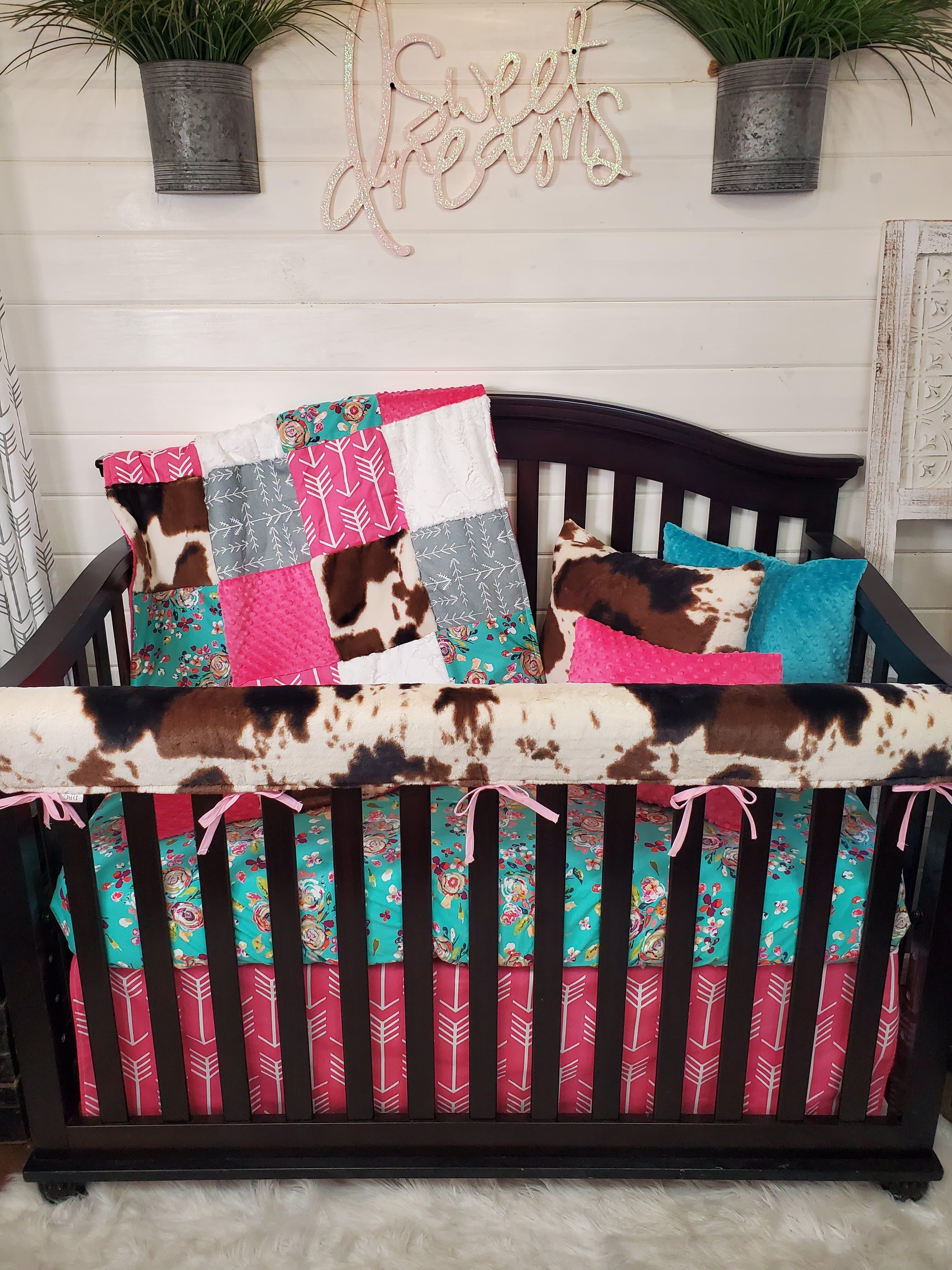 Girl Crib Bedding Teal Floral and Cow Minky Farm Baby Toddler Bedding Collection 3PC Baby Bedding Collection