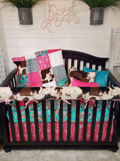 Girl Crib Bedding- Teal Floral and Cow Minky Farm Collection - DBC Baby Bedding Co 