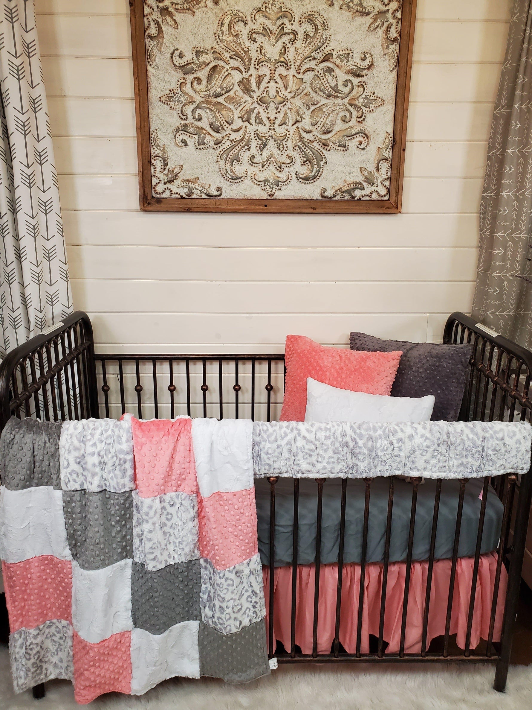 Ready to Ship Girl Crib Bedding- Silver Jaguar and Coral Collection - DBC Baby Bedding Co 