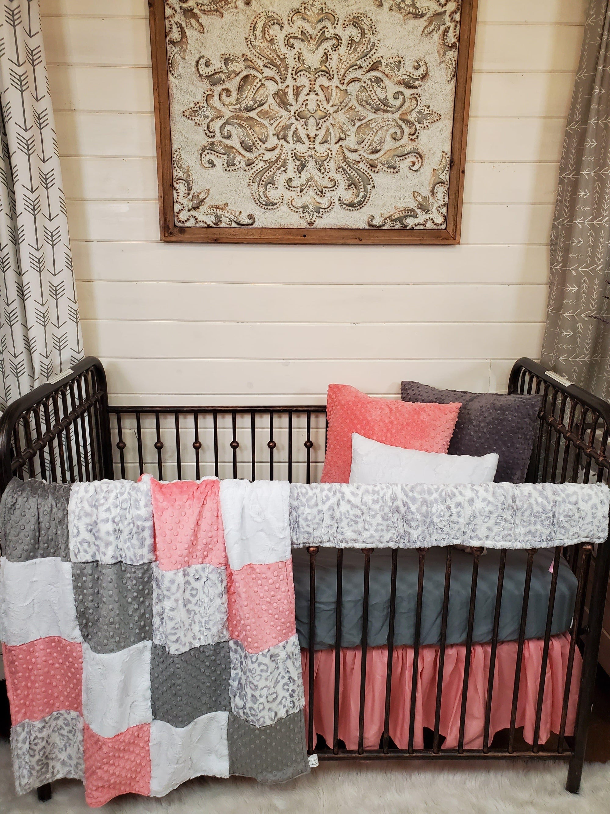 Ready to Ship Girl Crib Bedding- Silver Jaguar and Coral Collection - DBC Baby Bedding Co 