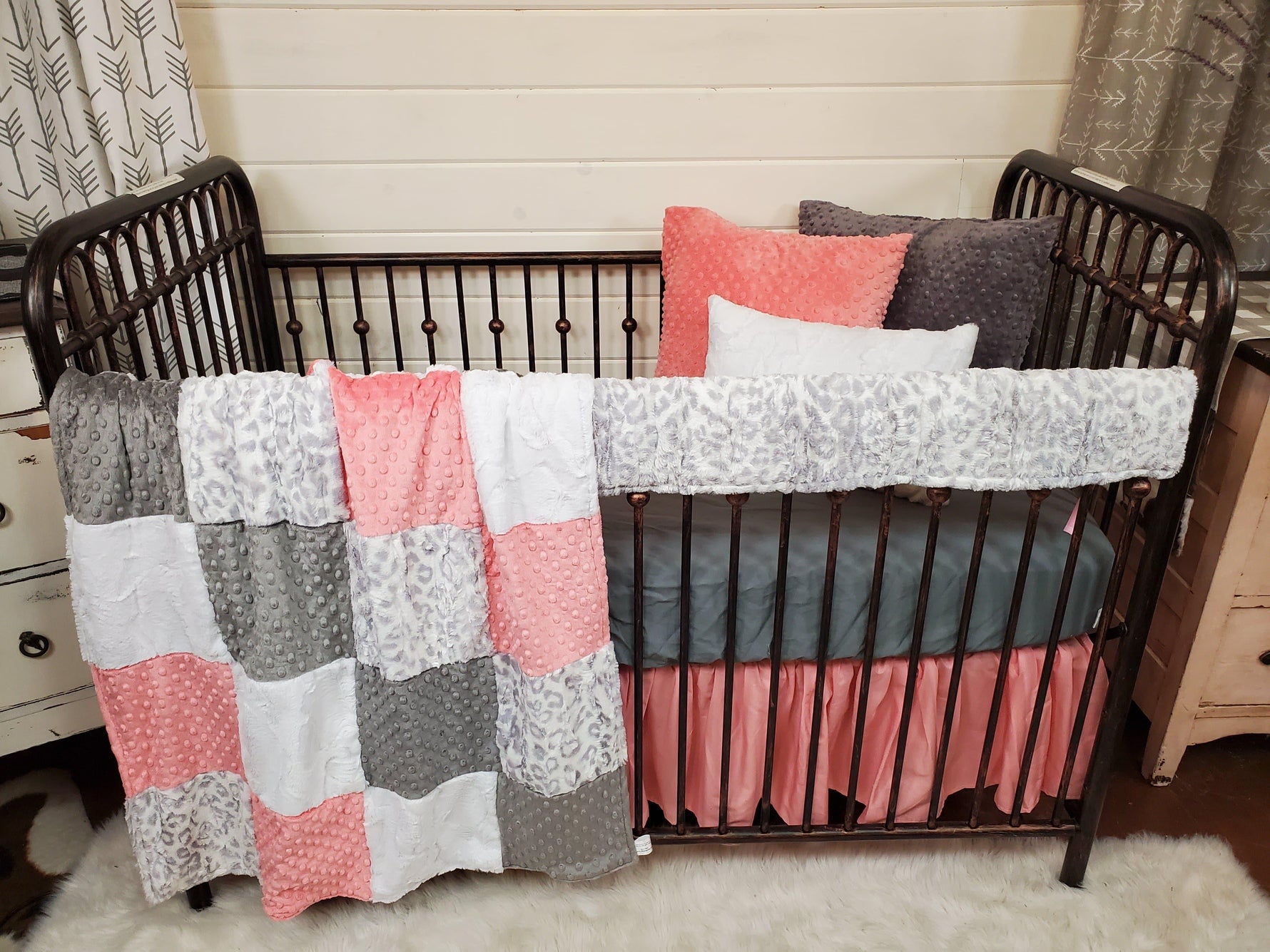 Ready to Ship Girl Crib Bedding- Silver Jaguar and Coral Collection - DBC Baby Bedding Co 