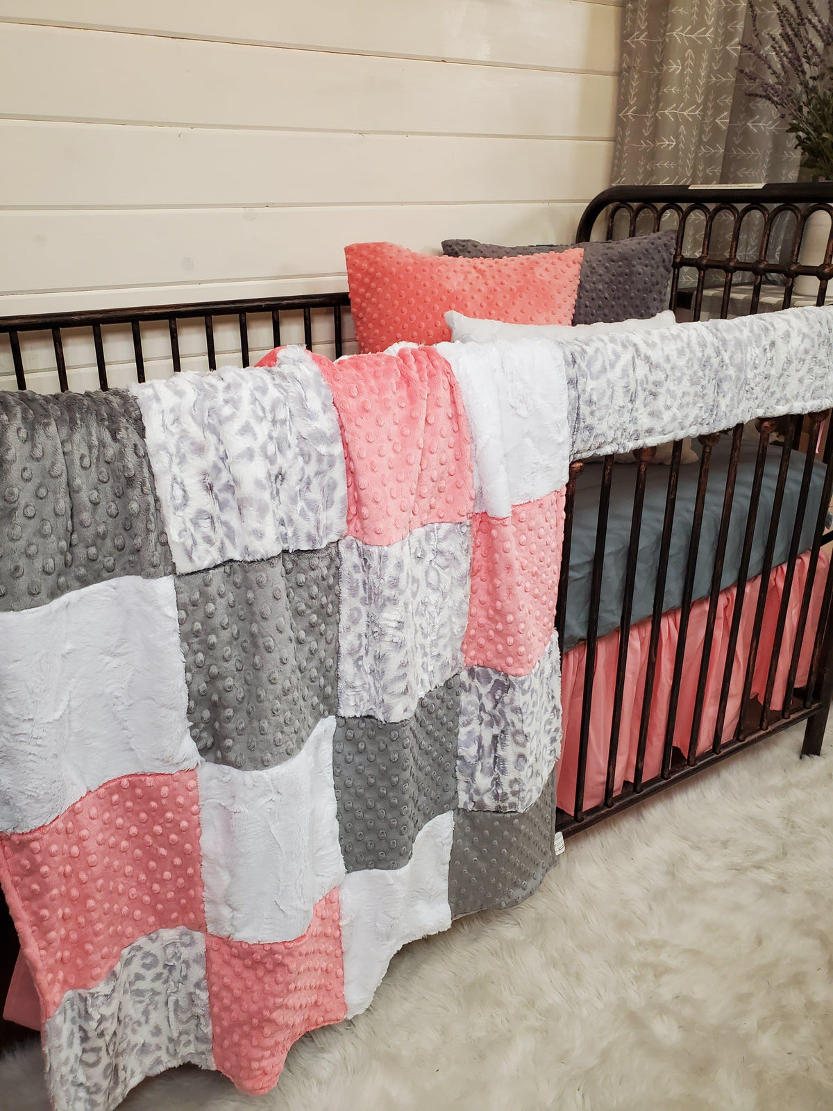 Ready to Ship Girl Crib Bedding- Silver Jaguar and Coral Collection - DBC Baby Bedding Co 