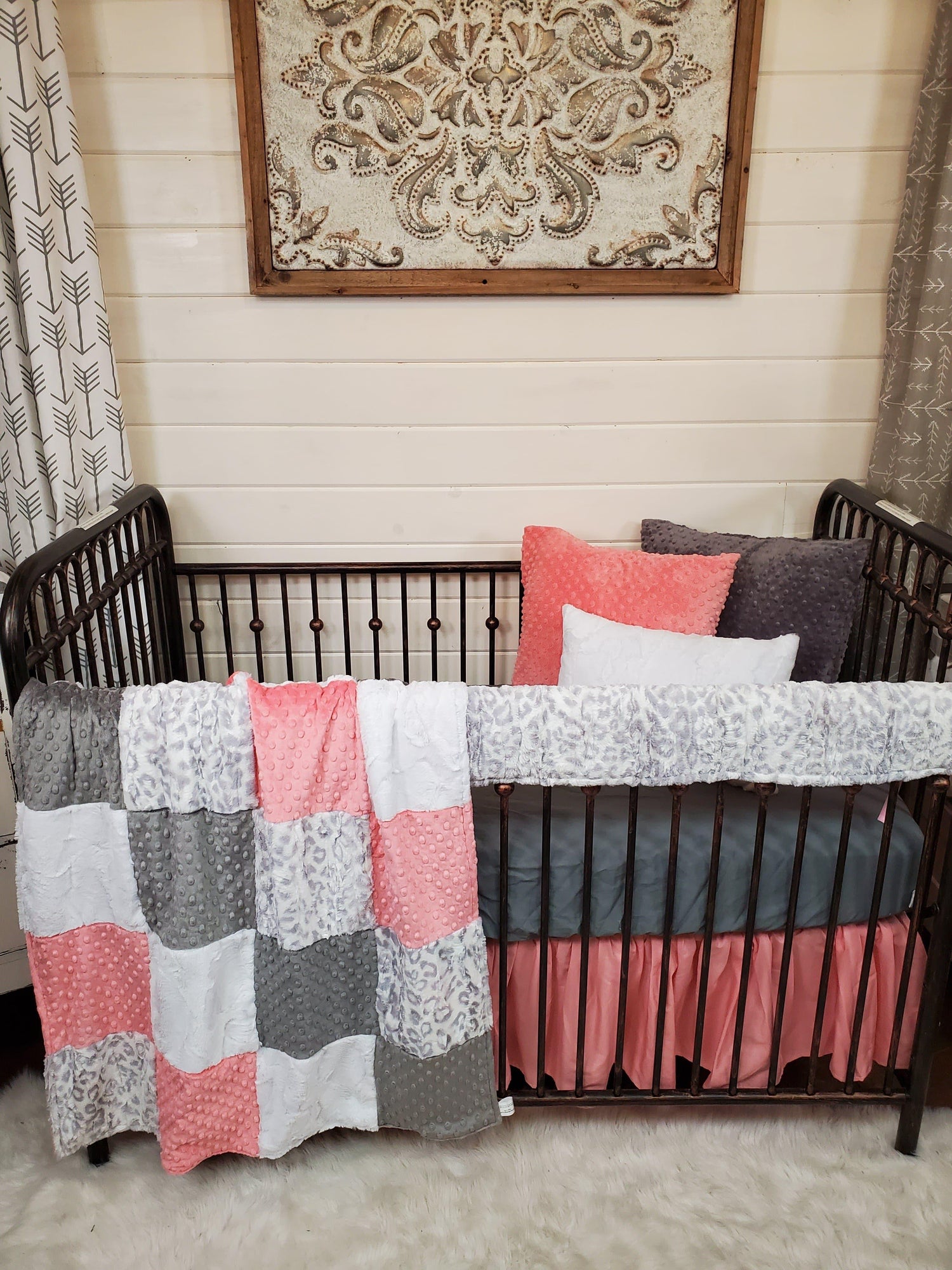 Ready to Ship Girl Crib Bedding- Silver Jaguar and Coral Collection - DBC Baby Bedding Co 