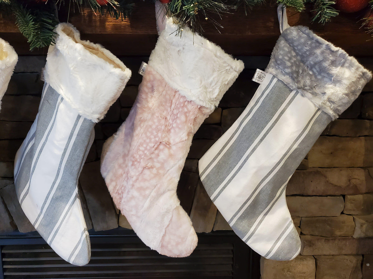 Holiday Decor - Christmas Stocking - Farm Stripe in Gray, Rosewater Fawn Minky, Silver Fawn Minky - DBC Baby Bedding Co 