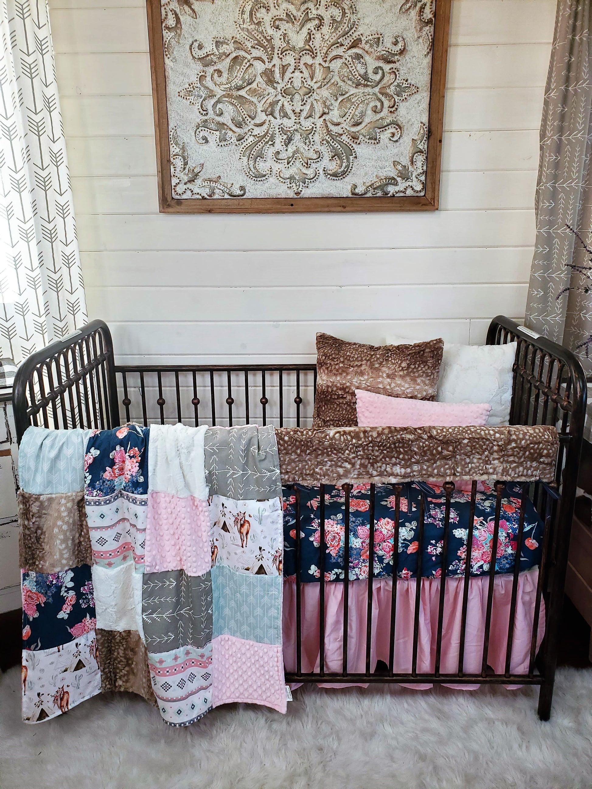 Girl Crib Bedding- Boho Horse, Aztec Stripe, and Navy Floral Ranch Collection - DBC Baby Bedding Co