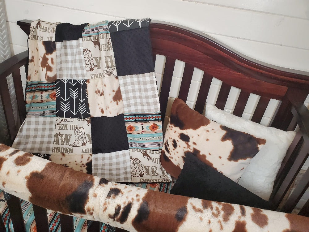 Boy Crib Bedding- Cowboy, Cow Minky, Mint Aztec Cowboy Collection - DBC Baby Bedding Co 