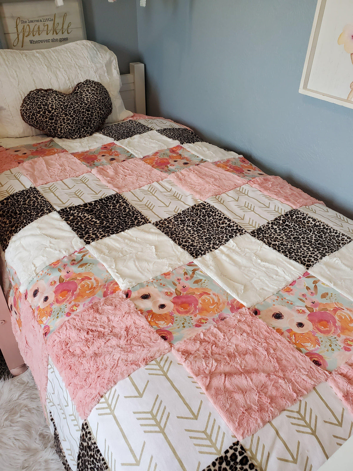 Twin, Full, or Queen Patchwork Blanket - Floral and Cheetah Minky - DBC Baby Bedding Co 