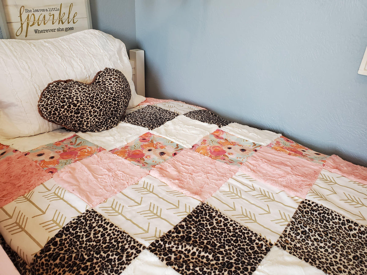 Twin, Full, or Queen Patchwork Blanket - Floral and Cheetah Minky - DBC Baby Bedding Co 