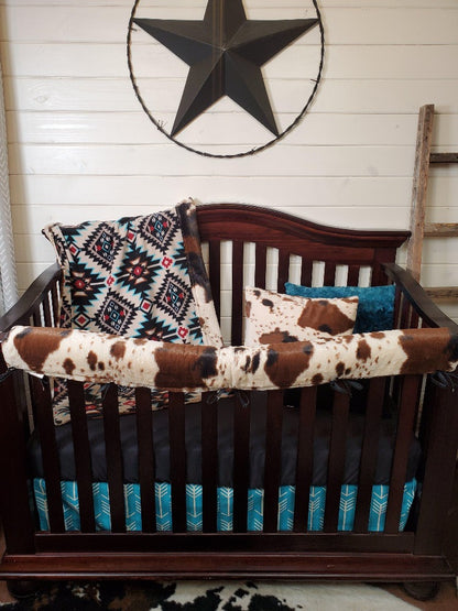 Teal Aztec & Cow Minky Crib Bedding