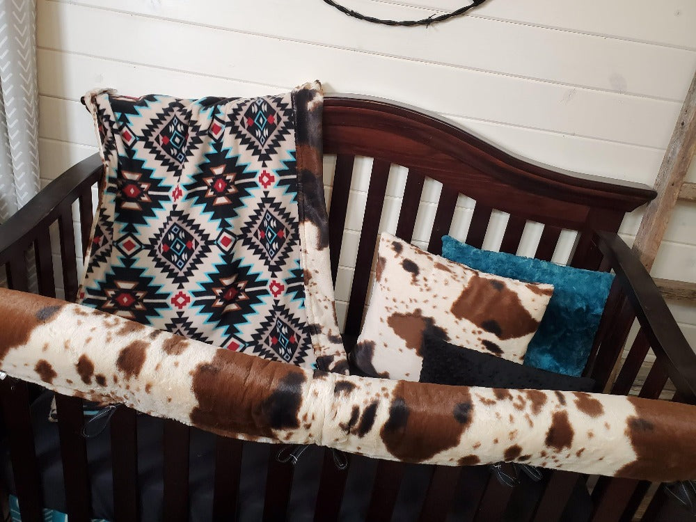 Teal Aztec & Cow Minky Crib Bedding 3