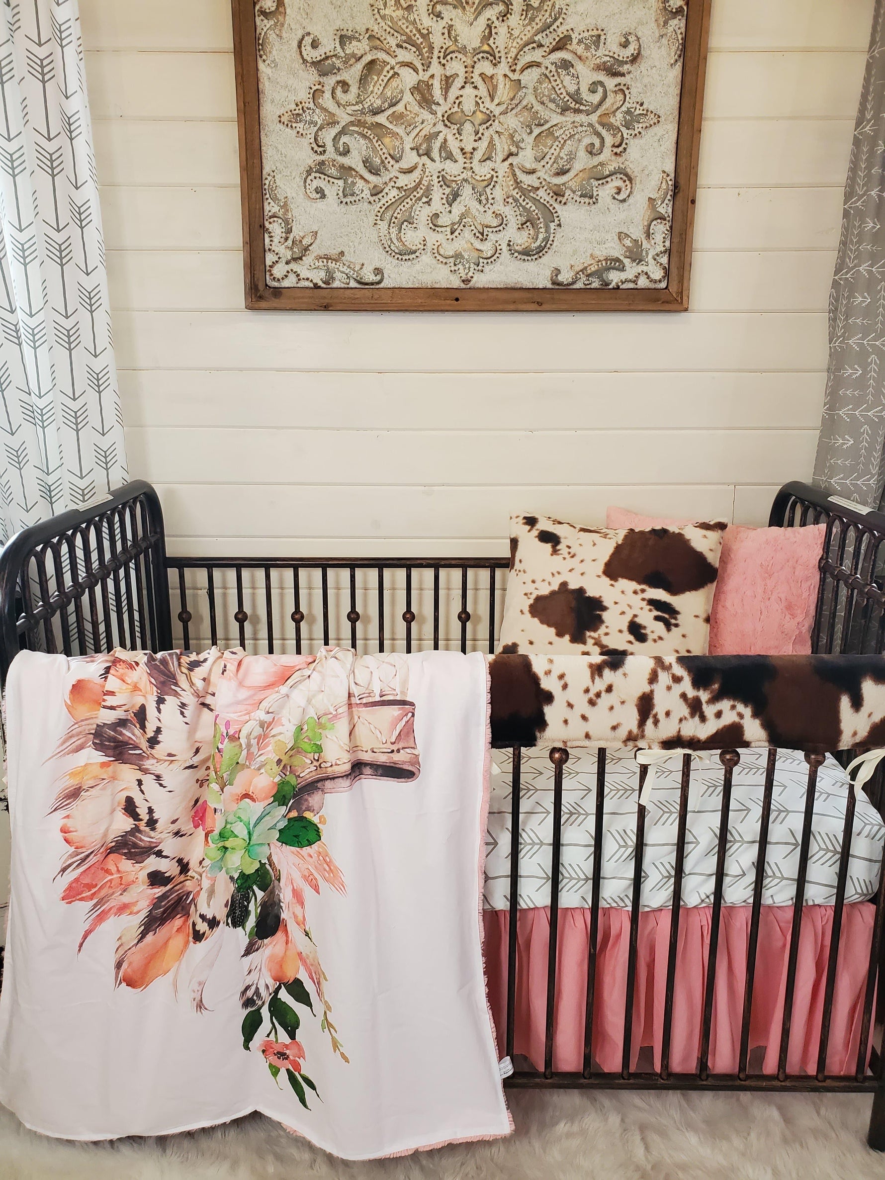 Custom Girl Crib Bedding- Head Dress and Cow Minky Collection - DBC Baby Bedding Co 