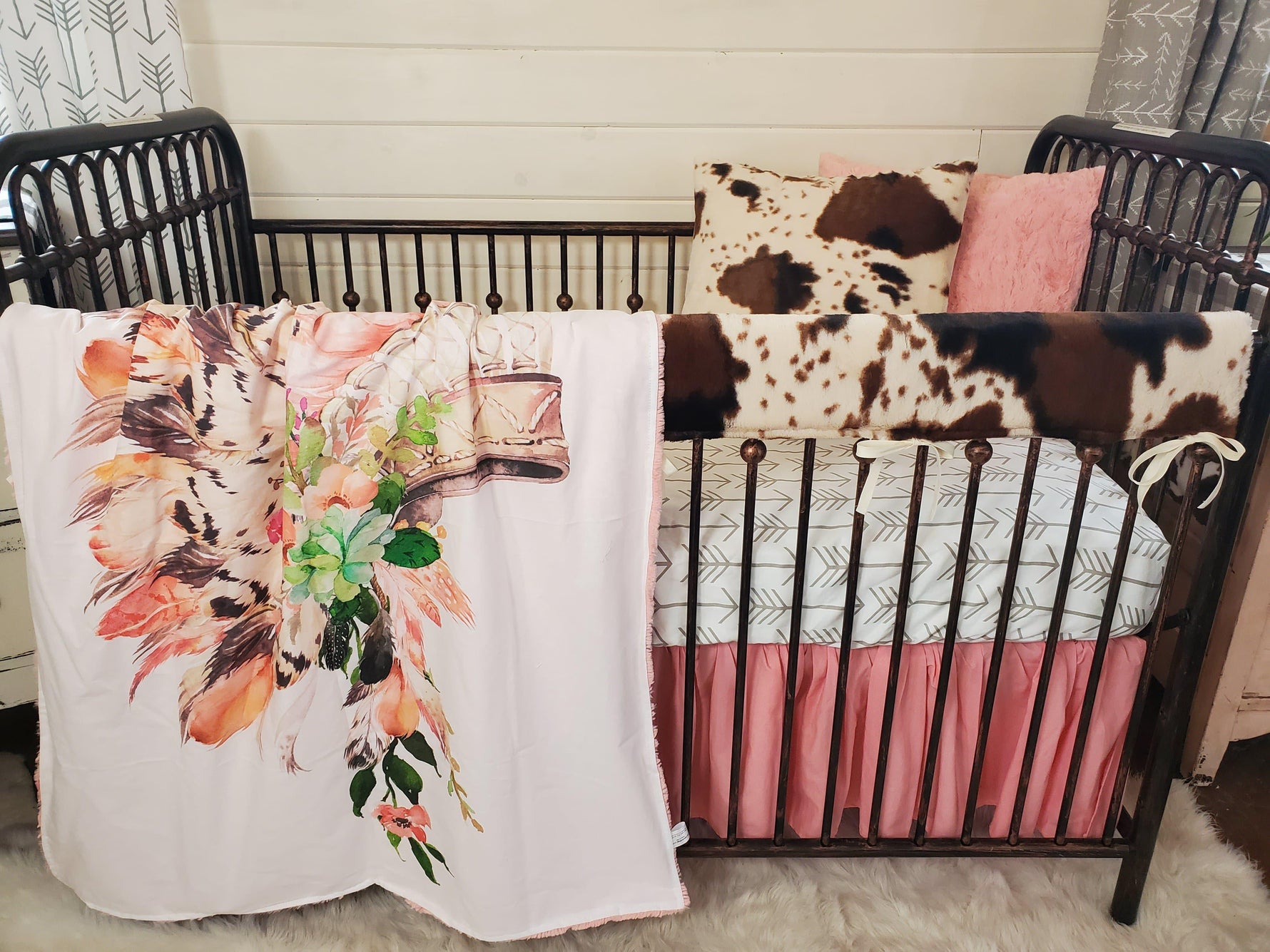 Custom Girl Crib Bedding- Head Dress and Cow Minky Collection - DBC Baby Bedding Co 