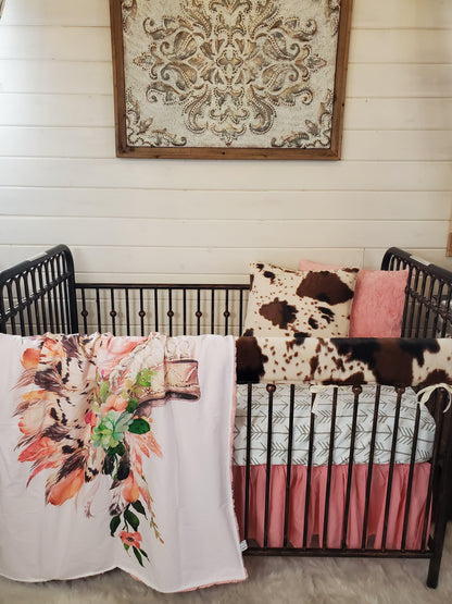 Custom Girl Crib Bedding- Head Dress and Cow Minky Collection - DBC Baby Bedding Co 
