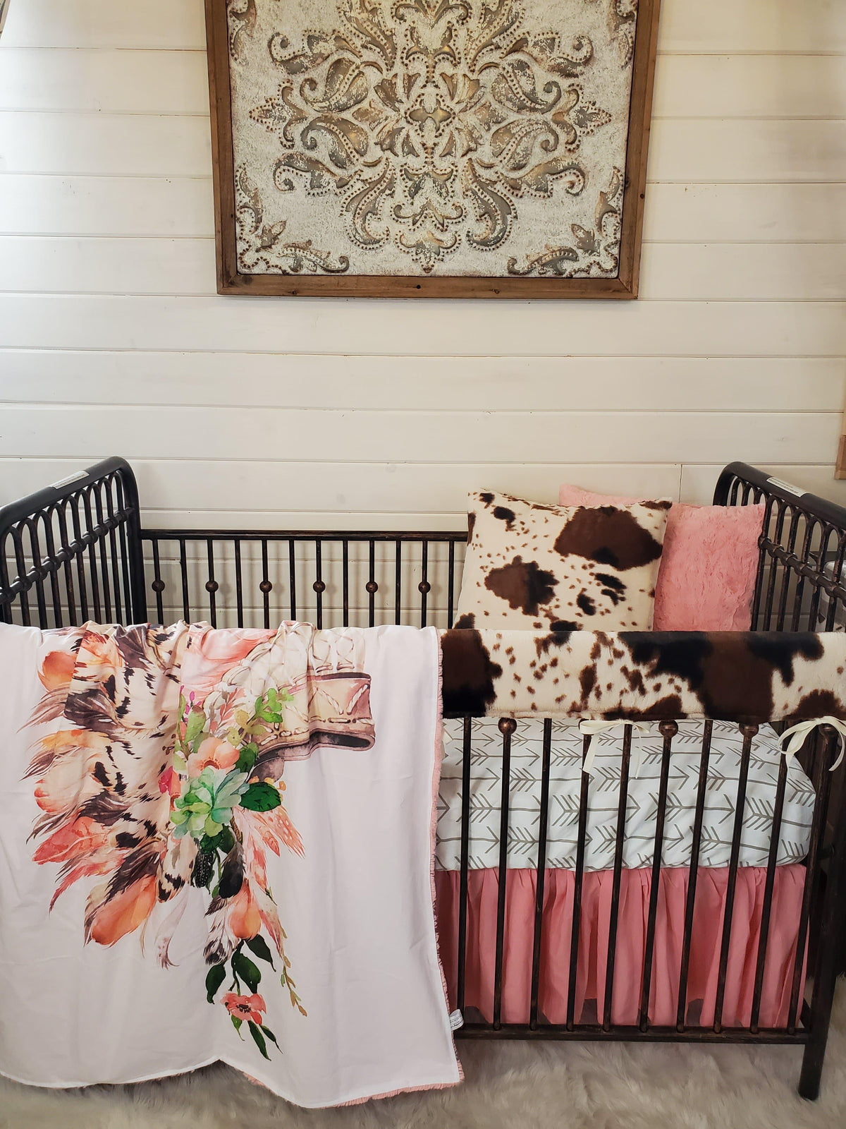 Custom Girl Crib Bedding- Head Dress and Cow Minky Collection - DBC Baby Bedding Co 