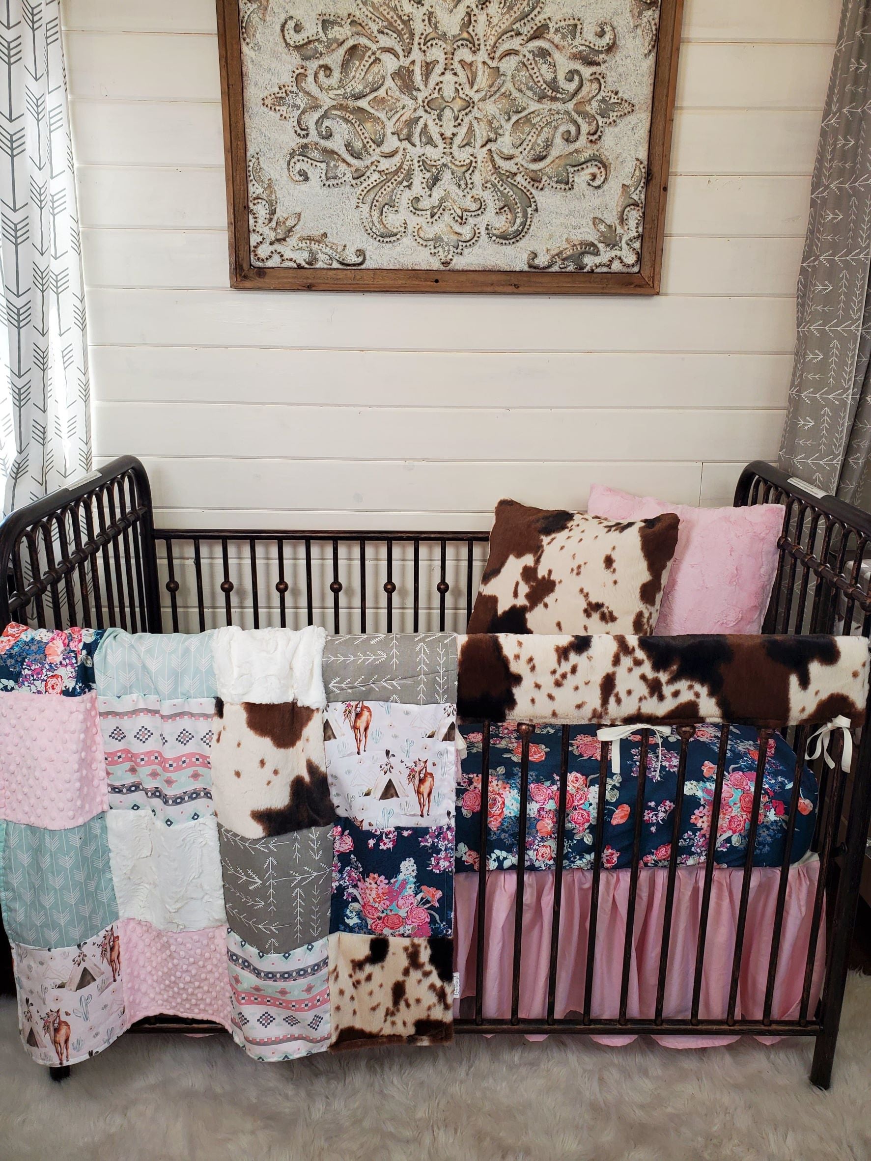 Girl Crib Bedding- Boho Horse and Cow Minky Collection - DBC Baby Bedding Co