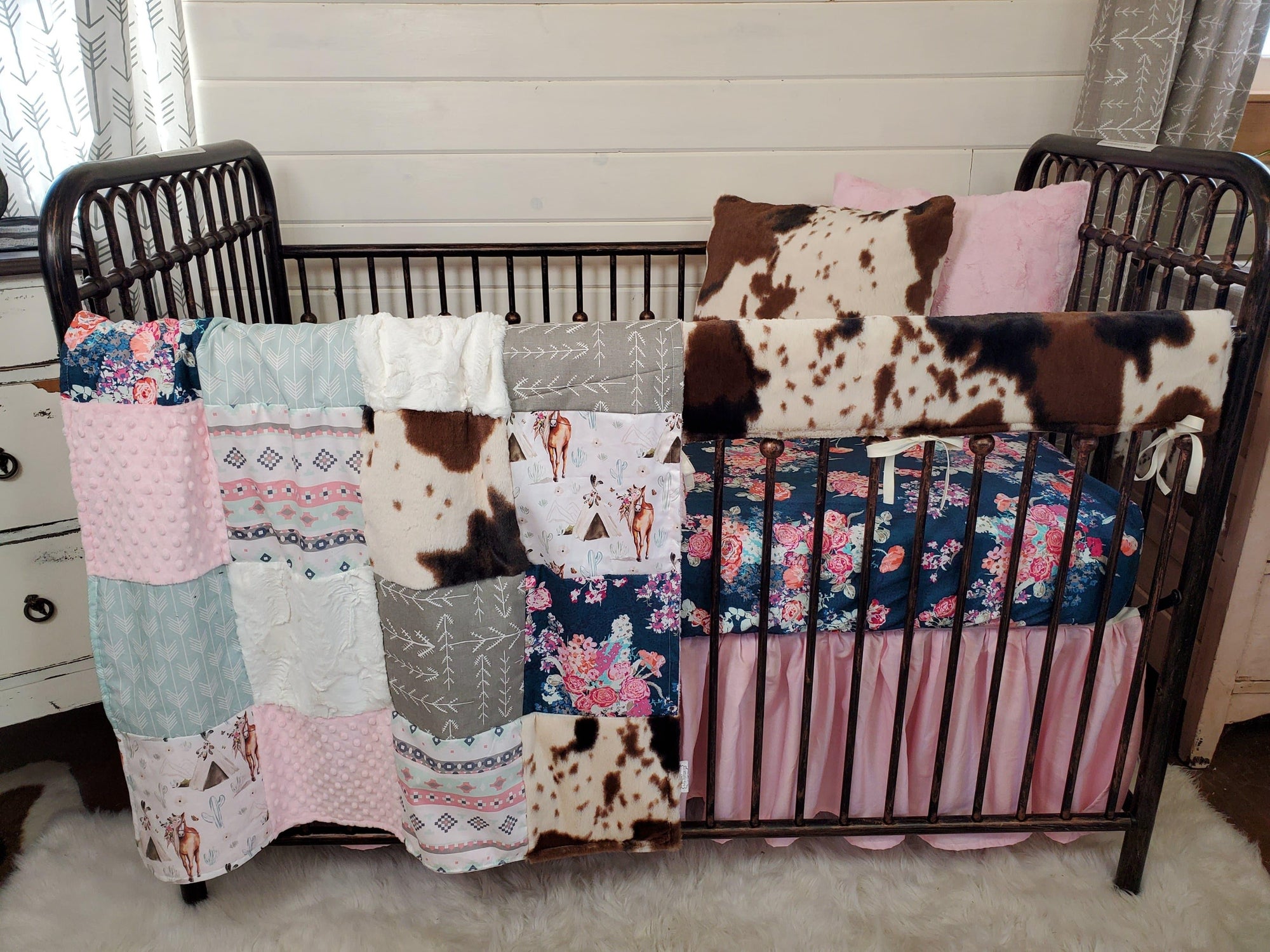 Girl Crib Bedding- Boho Horse and Cow Minky Collection - DBC Baby Bedding Co
